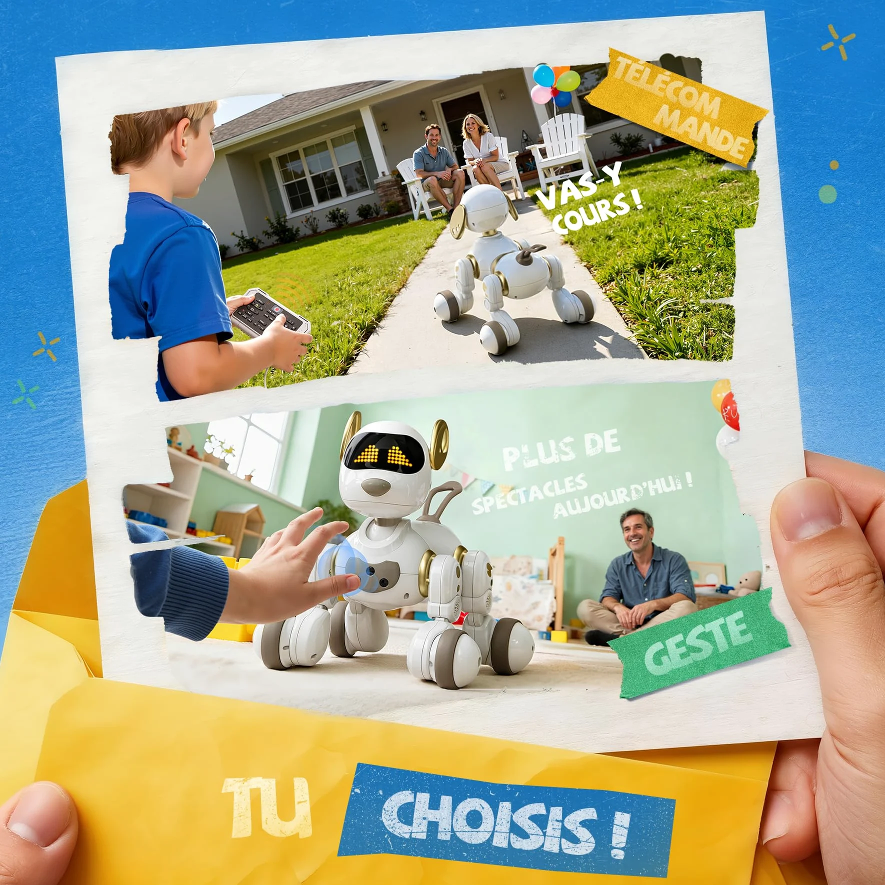 Ruko 18011 Chien Robot Intelligent Interactif avec Visages LED, Blanc Or | 50 mouvements programmables, contrôle gestuel et télécommande 2.4GHz, détection d’obstacles, jeu interactif, jouet dès 3 ans