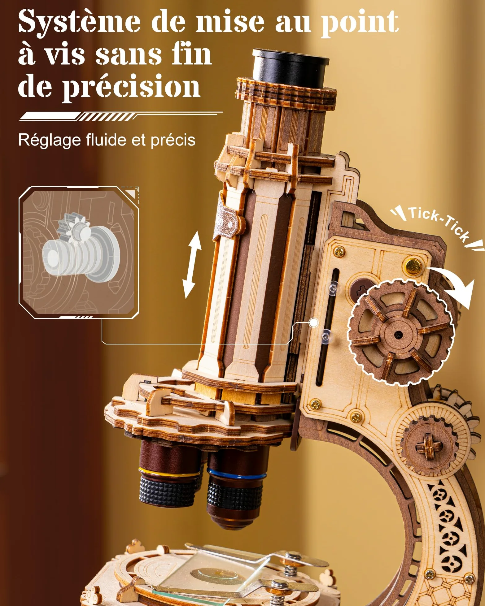 ROKR Puzzle en Bois 3D Microscope Fonctionnel ST005, kit modèle mécanique | Grossissement de 400x éclairage LED réglable Cadeau STEM