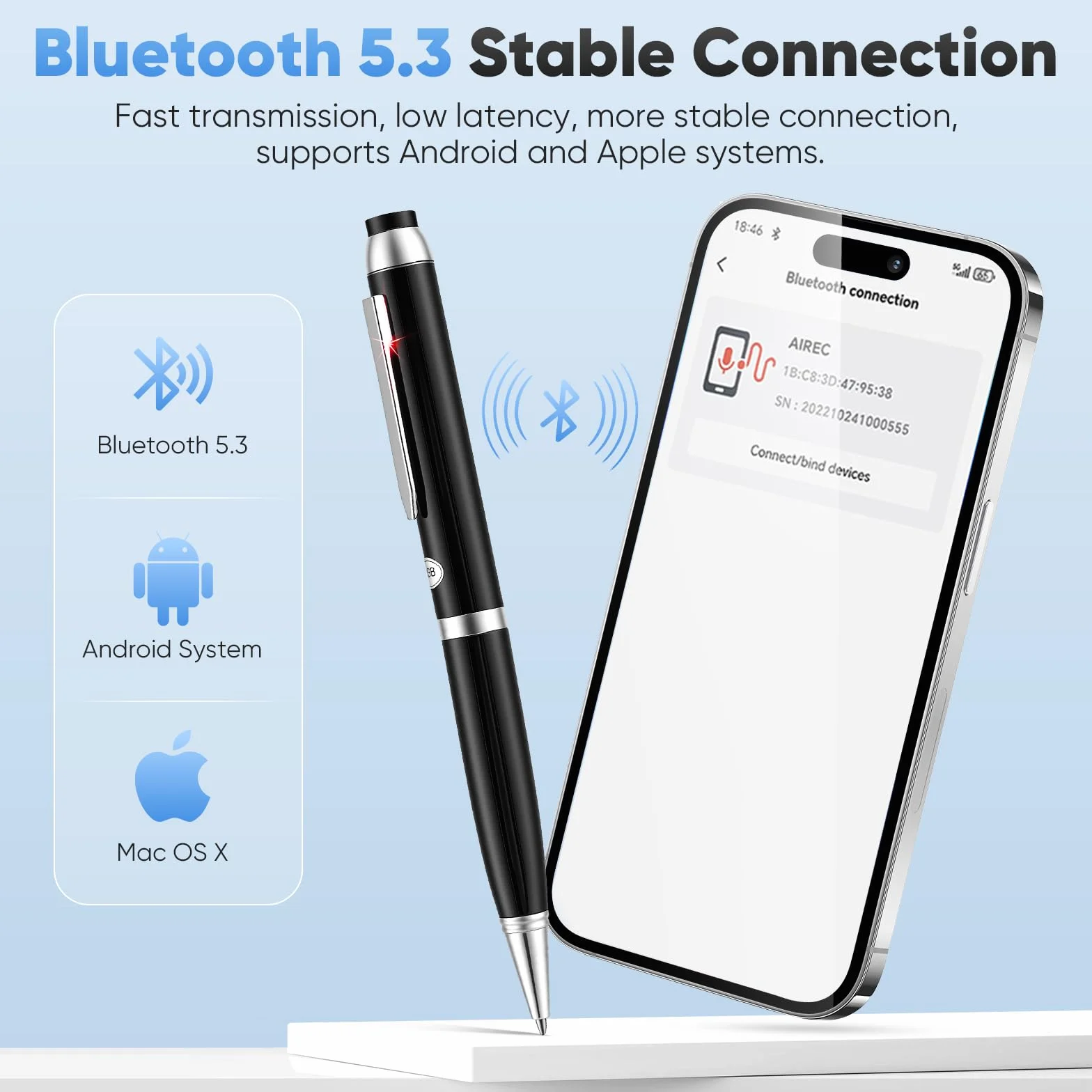 Stylo Enregistreur Vocal IA avec Transcription et Traduction en Temps Réel, Micro 360°, 64 Go + Cloud, 10h Autonomie