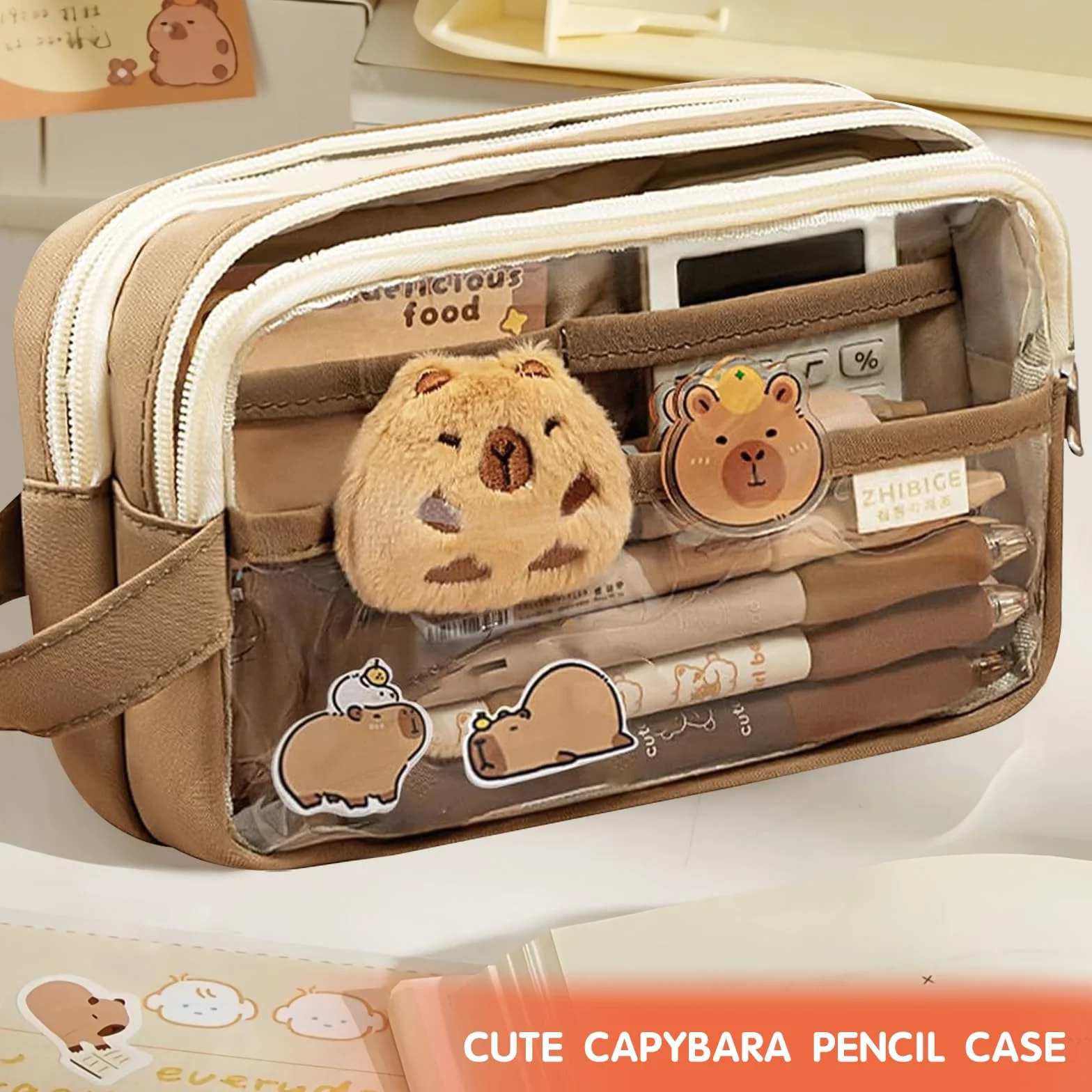 Trousse Capybara Ensemble Papeterie avec Stylo Autocollants Pins Porte-clés Blocs-Notes Grande Capacité Cadeau Fille Garçon