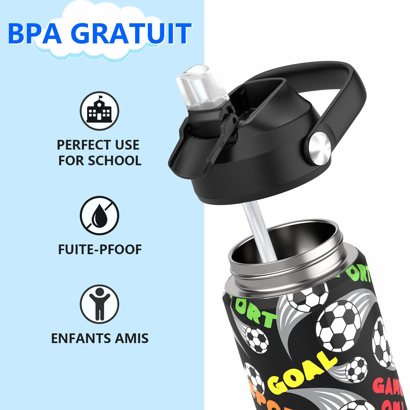 Gourde Isotherme Enfant Acier Inoxydable 550 ml Sans BPA Anti-fuite Bouteille Eau École