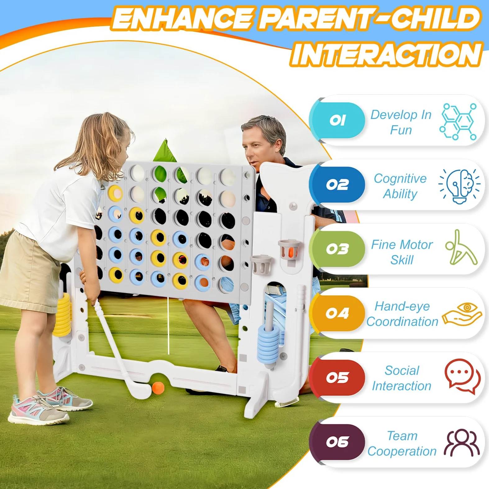 4 en 1Jeux Puissance 4 Géant Réglable Hauteur avec 42 Anneaux Géants 1 Filet,Jeu de Stratégie avec Porte-Anneaux et Levier de Réinitialisation,Jeu de Société pour Enfants et Adultes