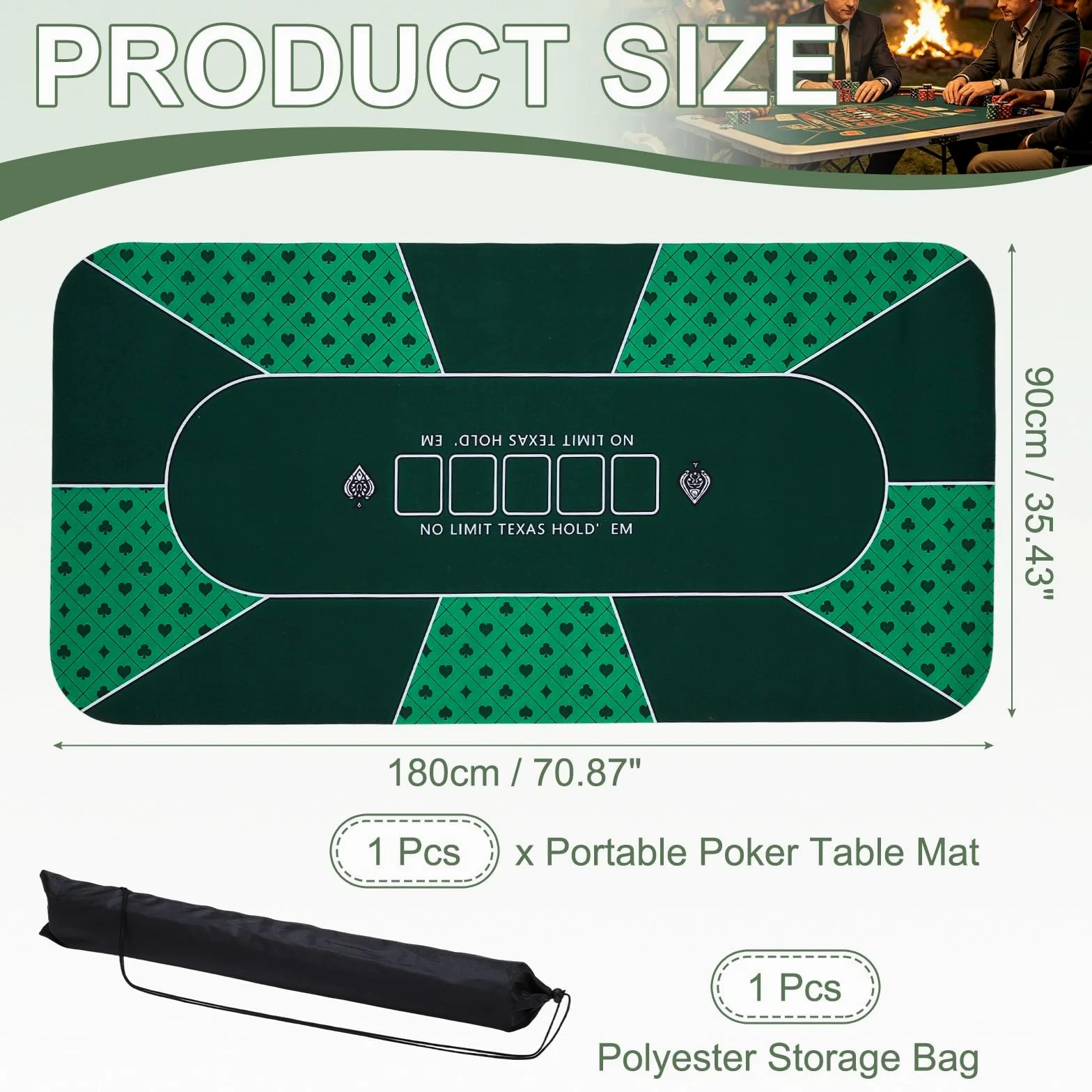 DTGN Tapis De Poker Portable, 180 x 90 cm Tapis De Poker en Caoutchouc Antidérapant Et Pliable, Dessus De Table Réducteur De Bruit avec Sac De Rangement en Polyester pour Jeux De Table