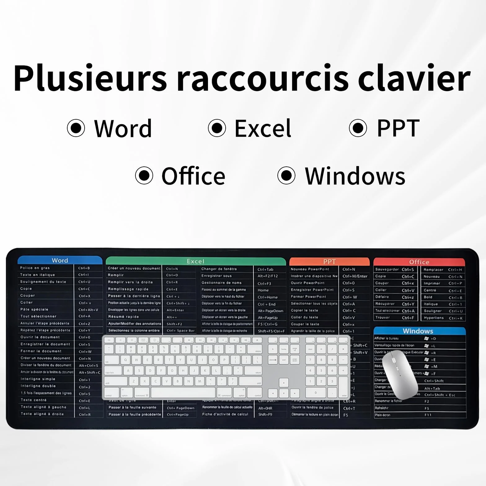 Tapis de Souris Raccourcis Excel 800x300 mm, Tapis de Bureau Étendu Formules et Raccourcis Clavier