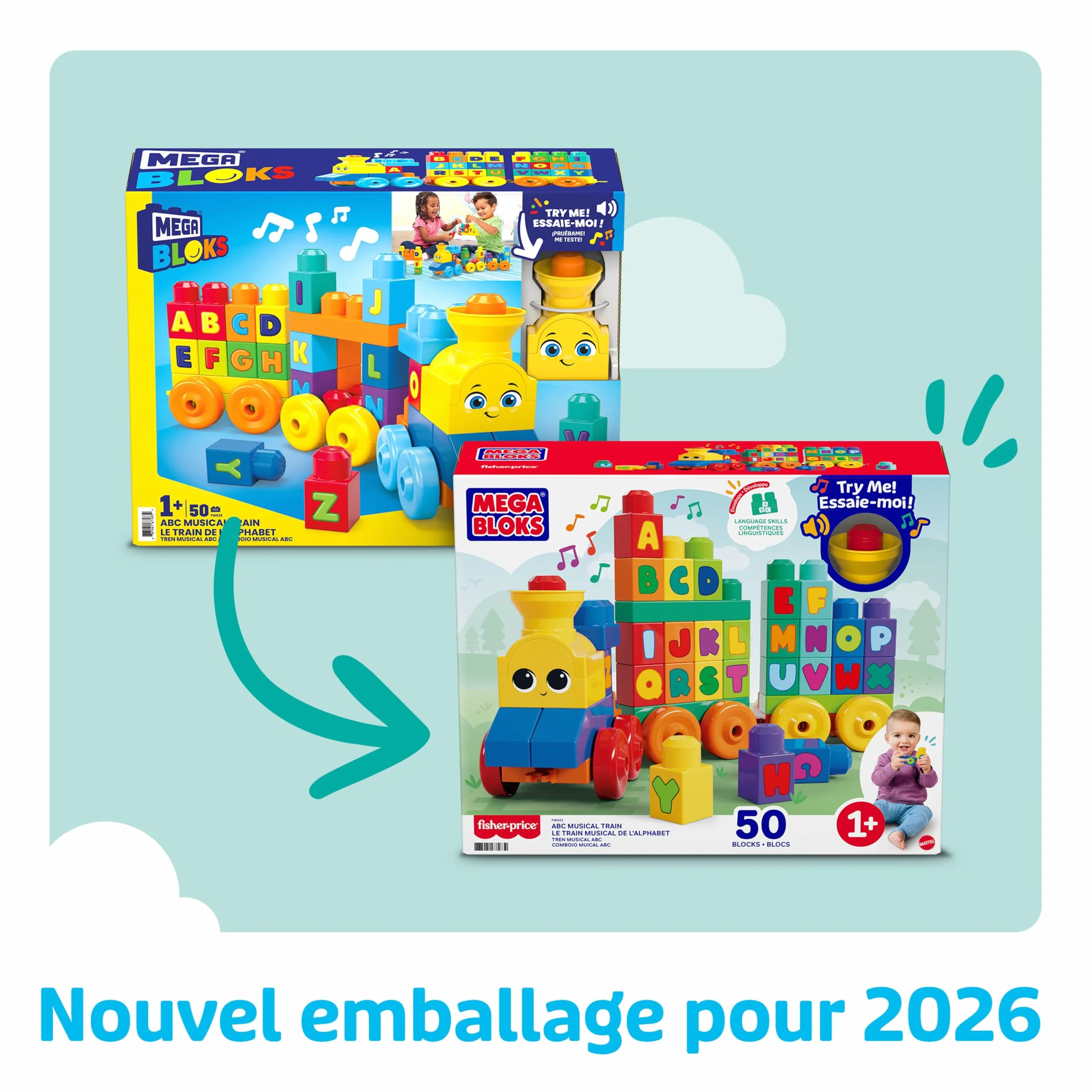 MEGA Bloks Le Train de L'Alphabet, jeu de blocs de construction 50 pièces FWK22