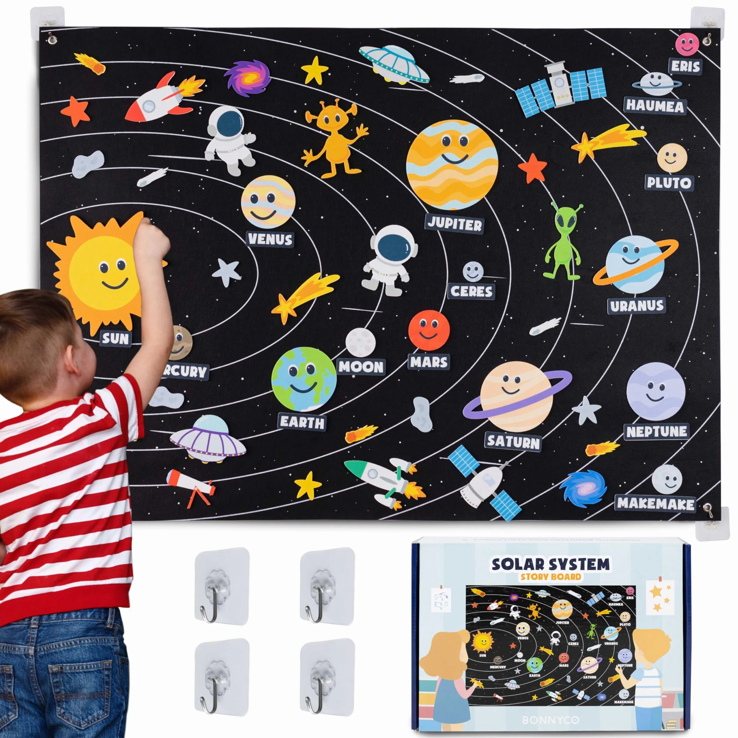 BONNYCO Systeme Solaire Enfant 61 Figurines Feutre Planetes Jouet Montessori Educatif Cadeau Garcon Espace 3 4 5 6 7 8 Ans