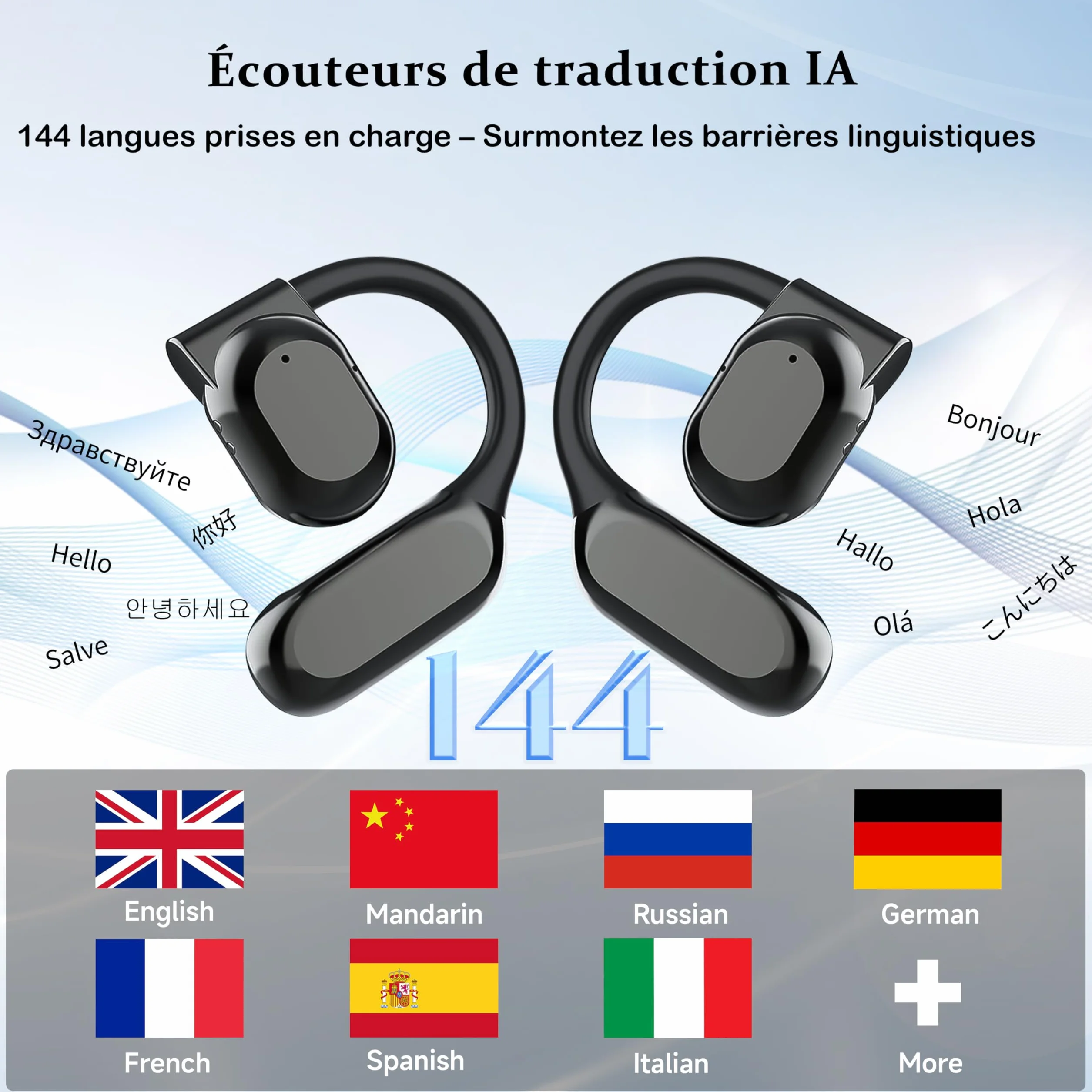 Écouteurs Bluetooth Traducteur Vocal Instantané IA, 140+ Langues, Sans WiFi, Compatible iOS Android
