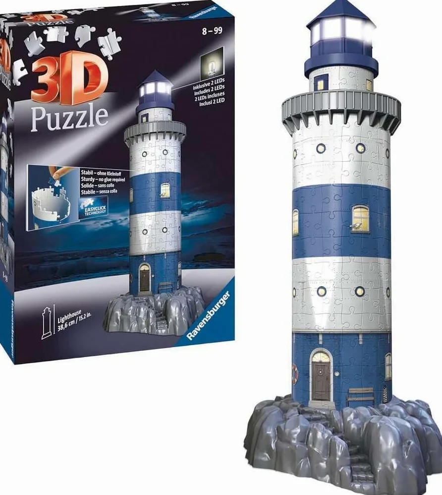 Ravensburger - Puzzle 3D Building - Phare illuminé - A partir de 8 Ans - 216 pièces numérotées à Assembler sans Colle - Accessoires de Finition Inclus - 12577