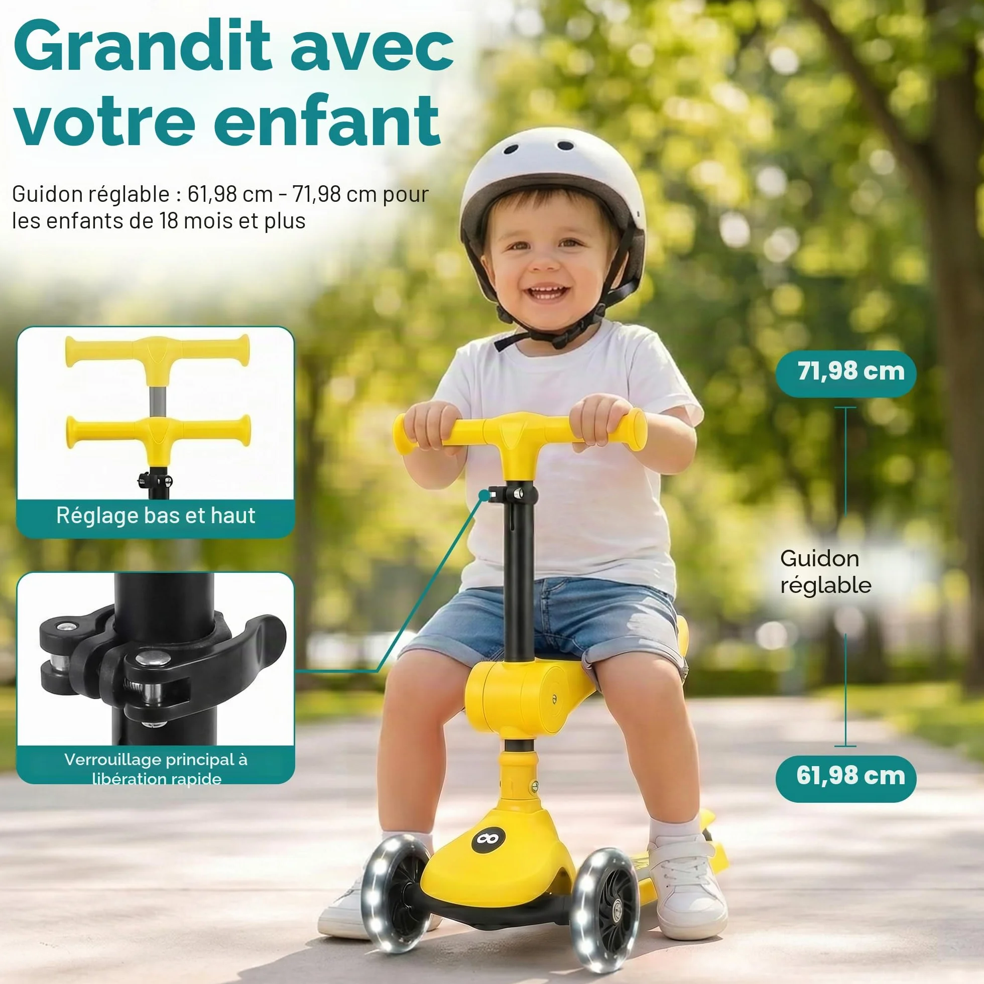 SereneLife Trottinette Enfant 2 en 1 avec Siège – 3 Roues Pliable, Hauteur Réglable, Roues LED