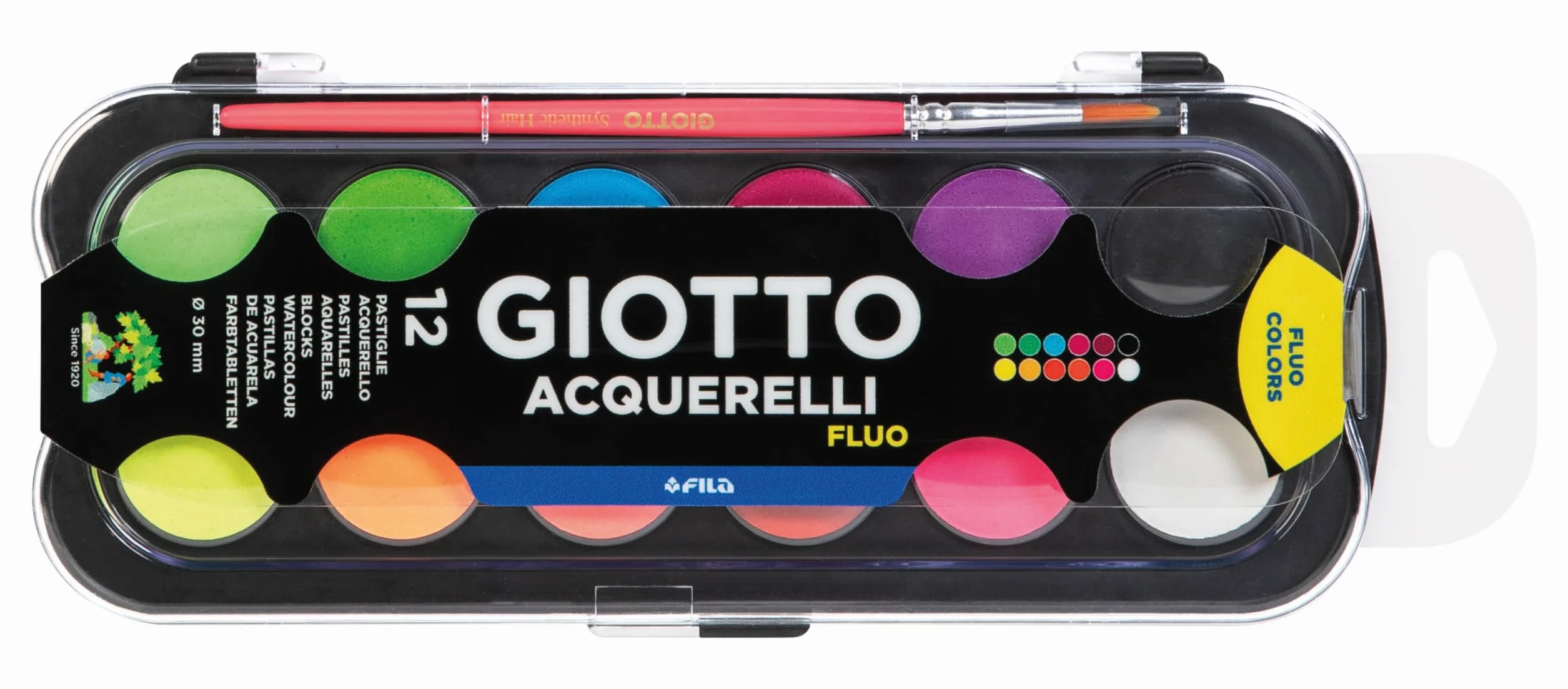 GIOTTO Acquerelli Fluo 12 pastilles gouache fluo + 1 pinceau