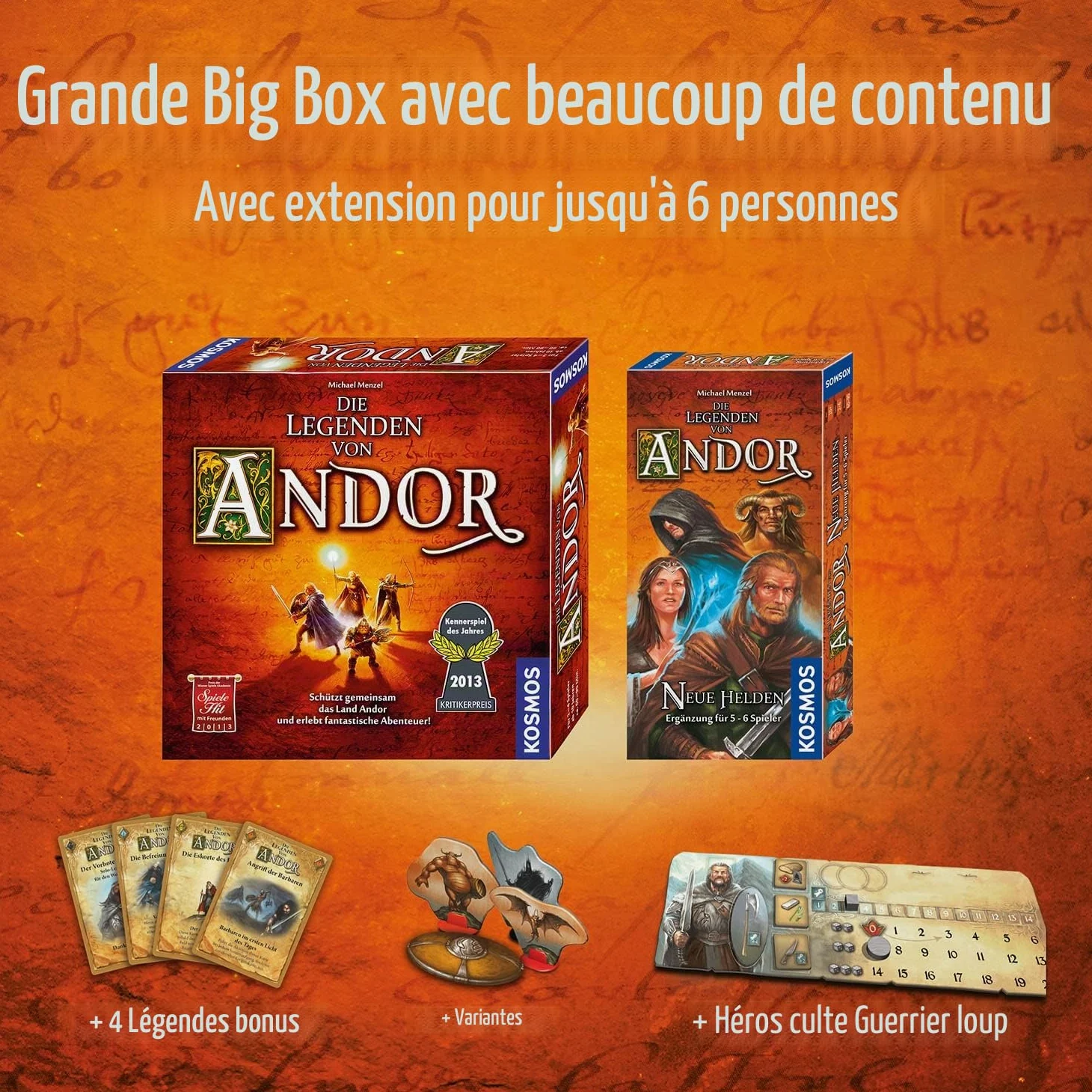 Kosmos Andor 683122 Les légendes d'Andor – Jeu de Base (connaisseurs de l'année 2013) et complément supplémentaire, Jeu de société coopératif Fantaisie à partir de 10 Ans