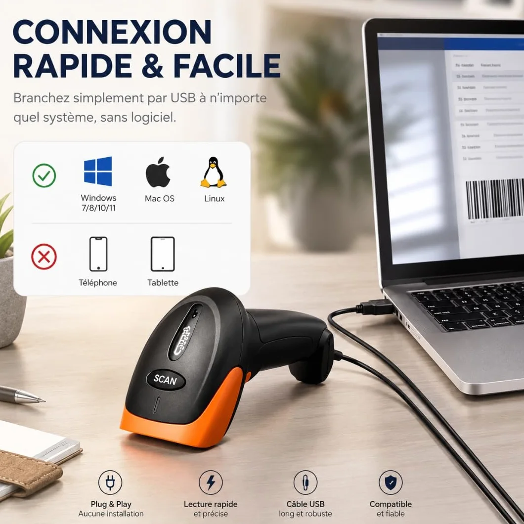 Lecteur Code Barre USB 1D 2D QR, Scanner IP54 Antichoc Compatible Windows Mac Linux
