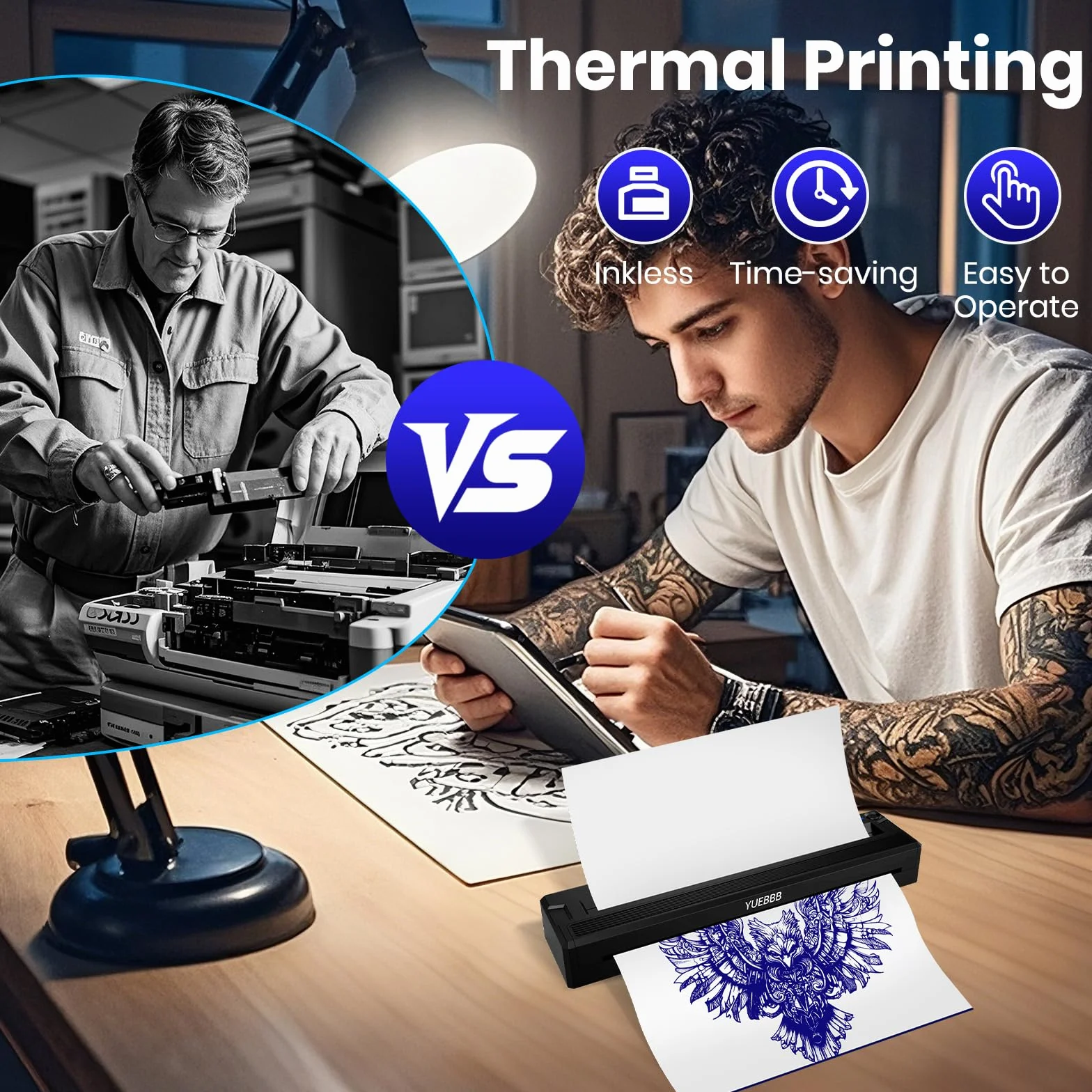 Imprimante de Pochoirs de Tatouage, Transfert Thermique Bluetooth, Compatible Smartphone et Ordinateur