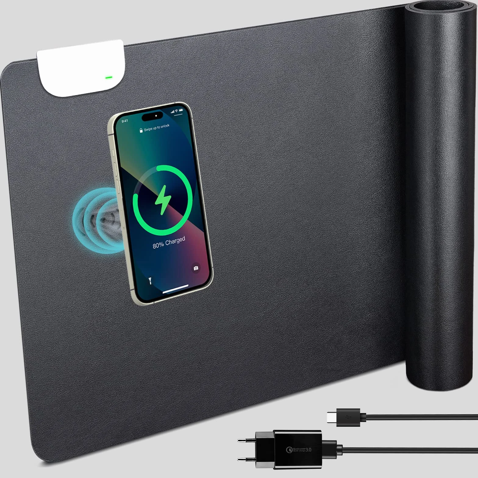 GORESE Sous-main Bureau en Cuir PU avec Charge rapide sans fil 10W, Tapis Bureau Tapis de Souris étanche antidérapant 90x42 cm Noir