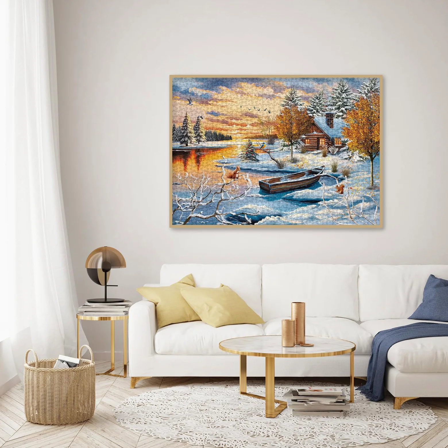 Puzzle paysage naturel d'hiver pour adultes 1000 pièces, joli coucher de soleil sur le lac maison arbre puzzles, puzzle enneigé scénique cabane rivière animal