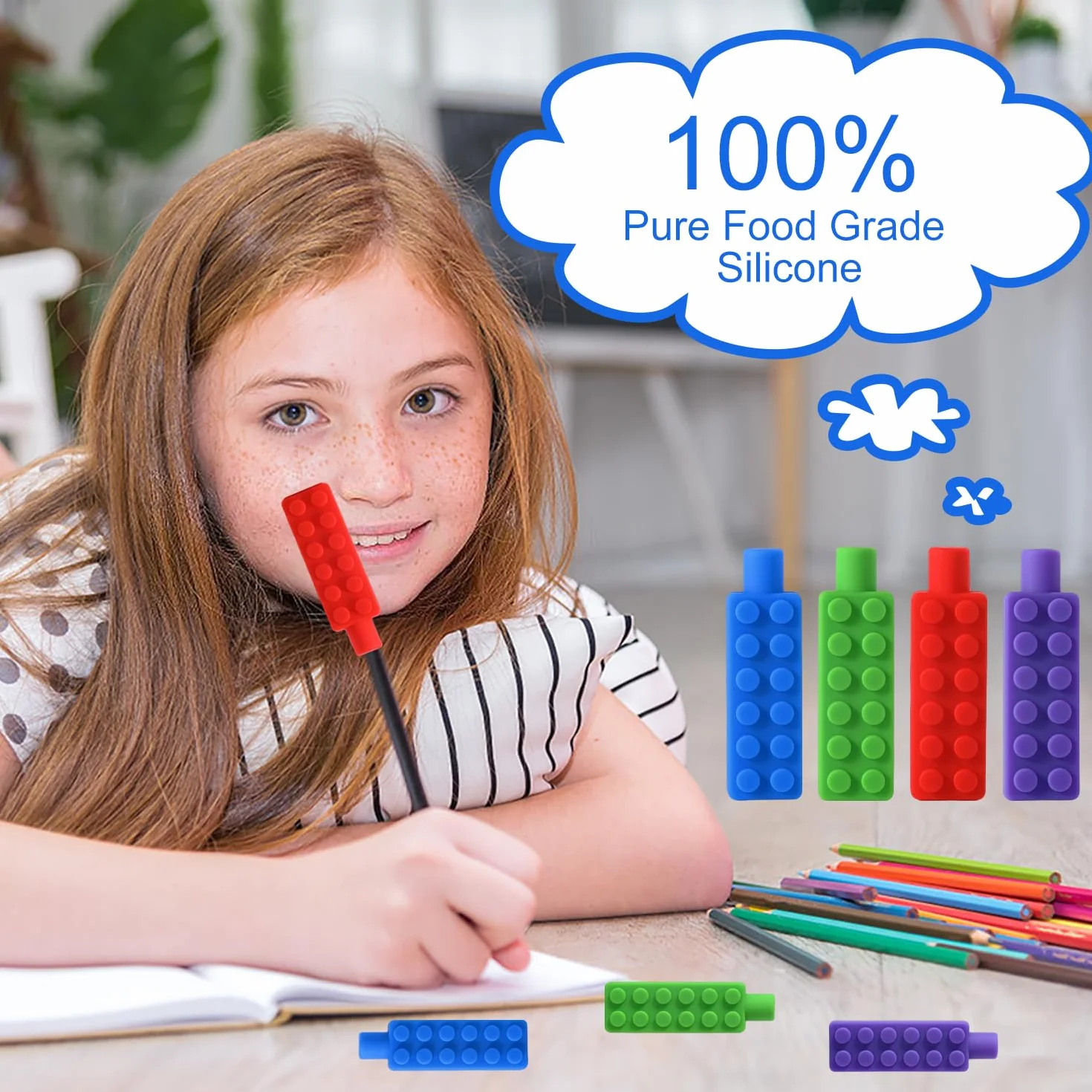 Lot de 4 Embouts de Crayon À Mâcher Silicone Sensoriels pour Dentition, Autisme, TDAH, Enfants