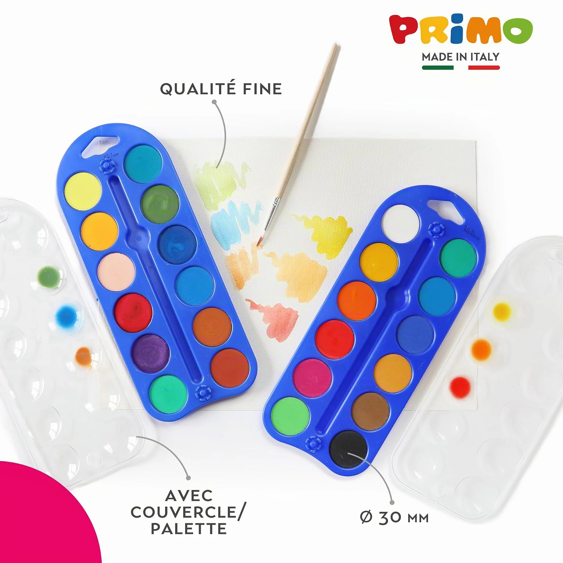 Aquarelles pour enfants 24 couleurs Ø30 mm + pinceau kit palette peinture créative