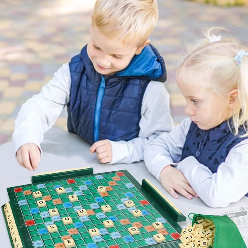 Jeu de Société Éducatif Mots Classique avec 100 Lettres Plateau 4 Chevalets Sac Apprentissage Orthographe Enfants 6 Ans+