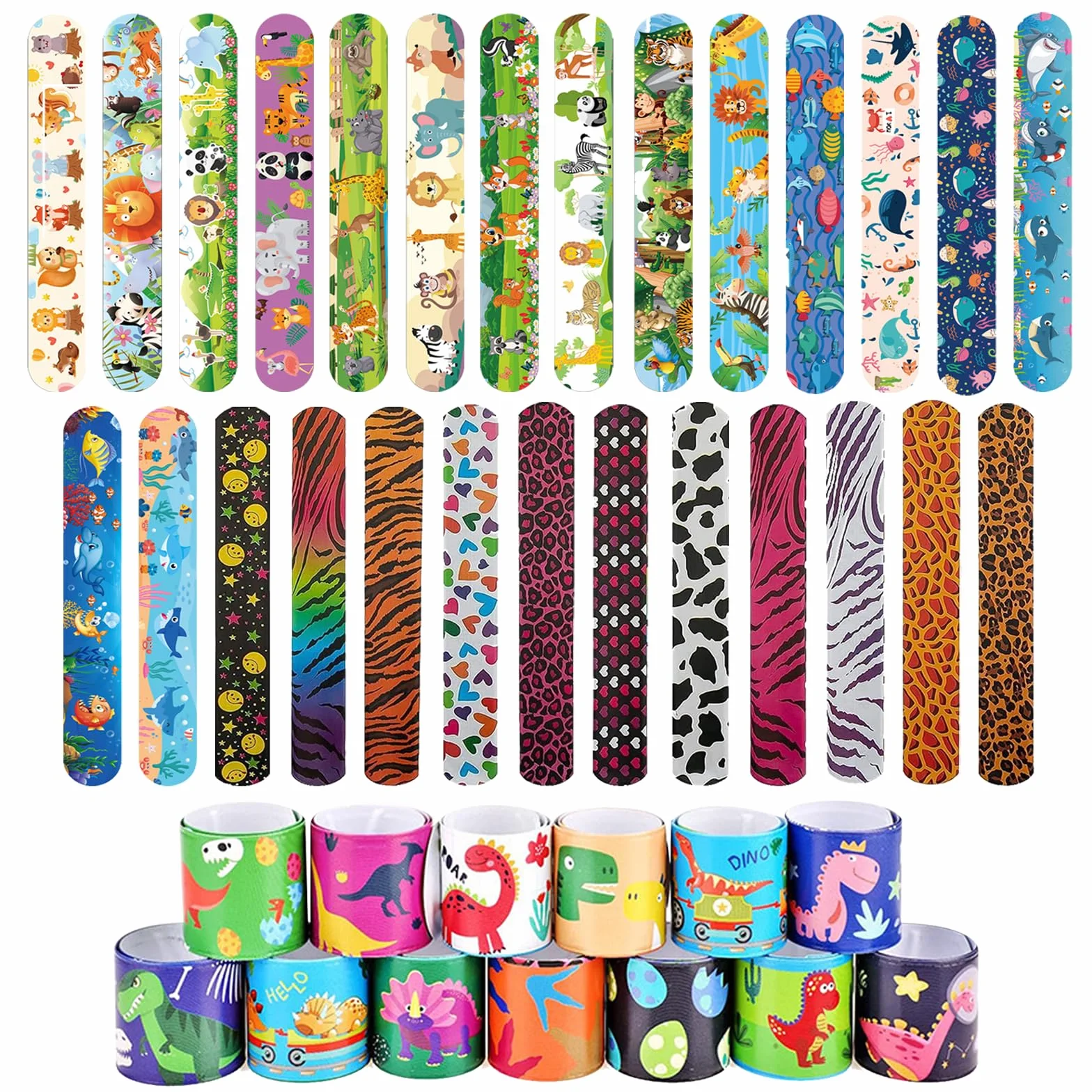 Slap Bracelet 40 pcs Motifs Animaux Forestiers Marins Dinosaures Bandes Cadeaux Anniversaire Jouets Garçons Filles