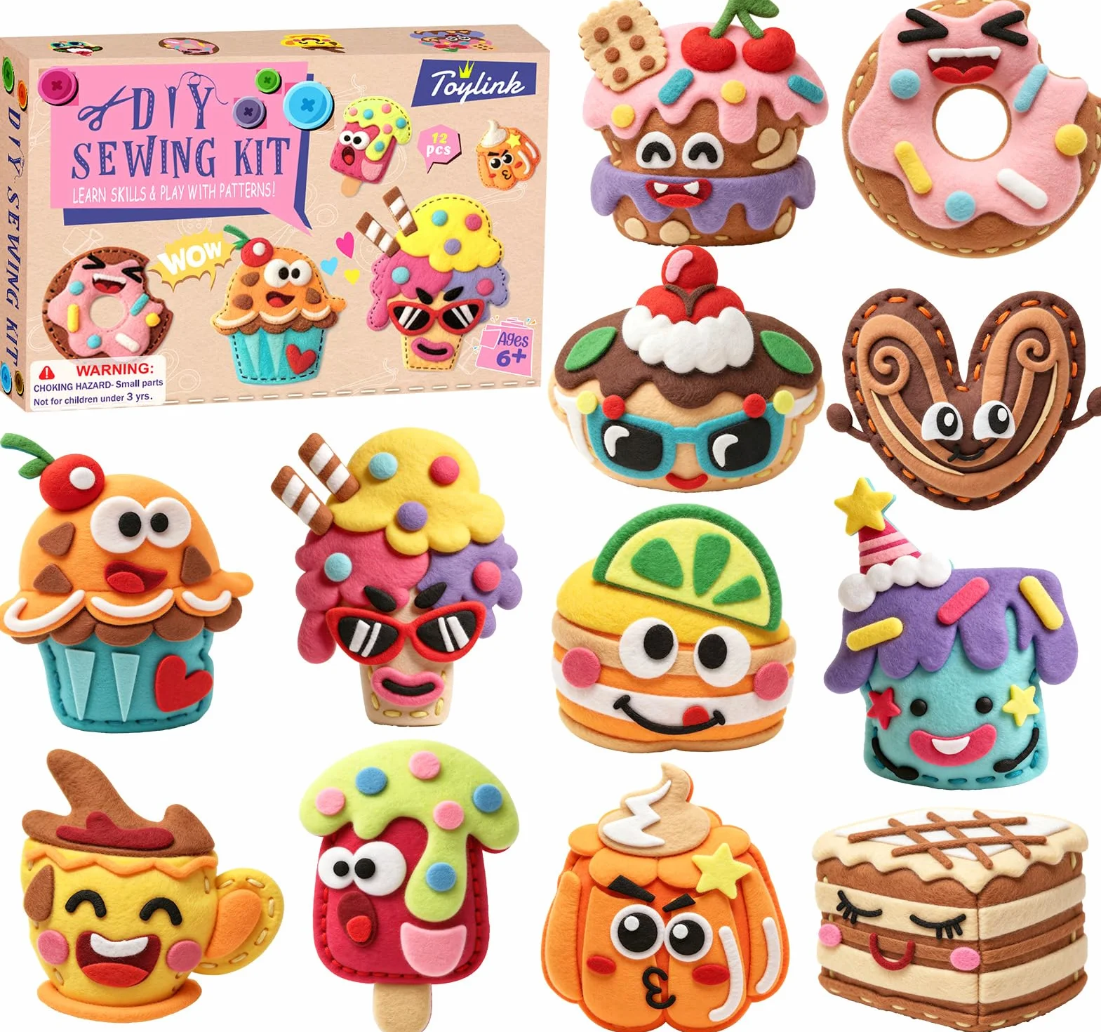 TUZT Kit Couture Enfant 12 DIY Desserts Bricolage avec Couture en Feutre & Aiguilles Plastique Loisir Créatif Jouet Cadeau pour Garçon Fille 5-10 Ans