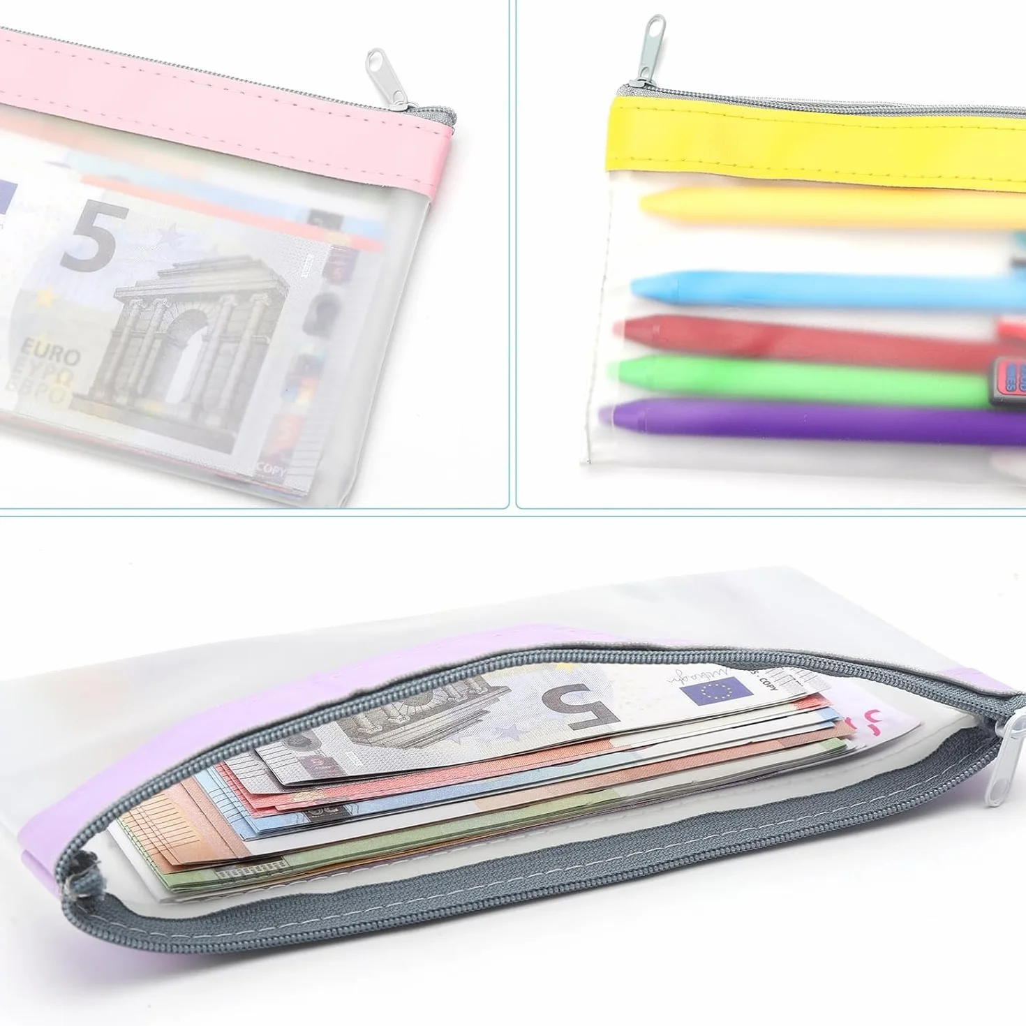 VOSSOT 6 Pièces Sacs d'argent avec Fermeture Éclair Pochette Transparente pour Banque 19,3x9,4 cm