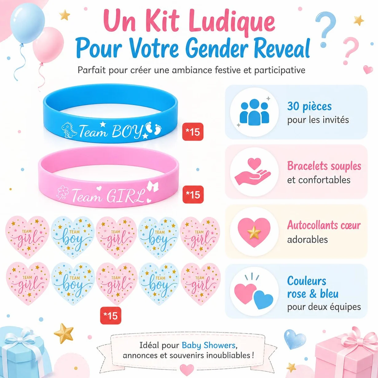 Kit de Révélation de Genre 60 Pièces avec Bracelets Silicone et Autocollants Cœur pour Annonce Grossesse