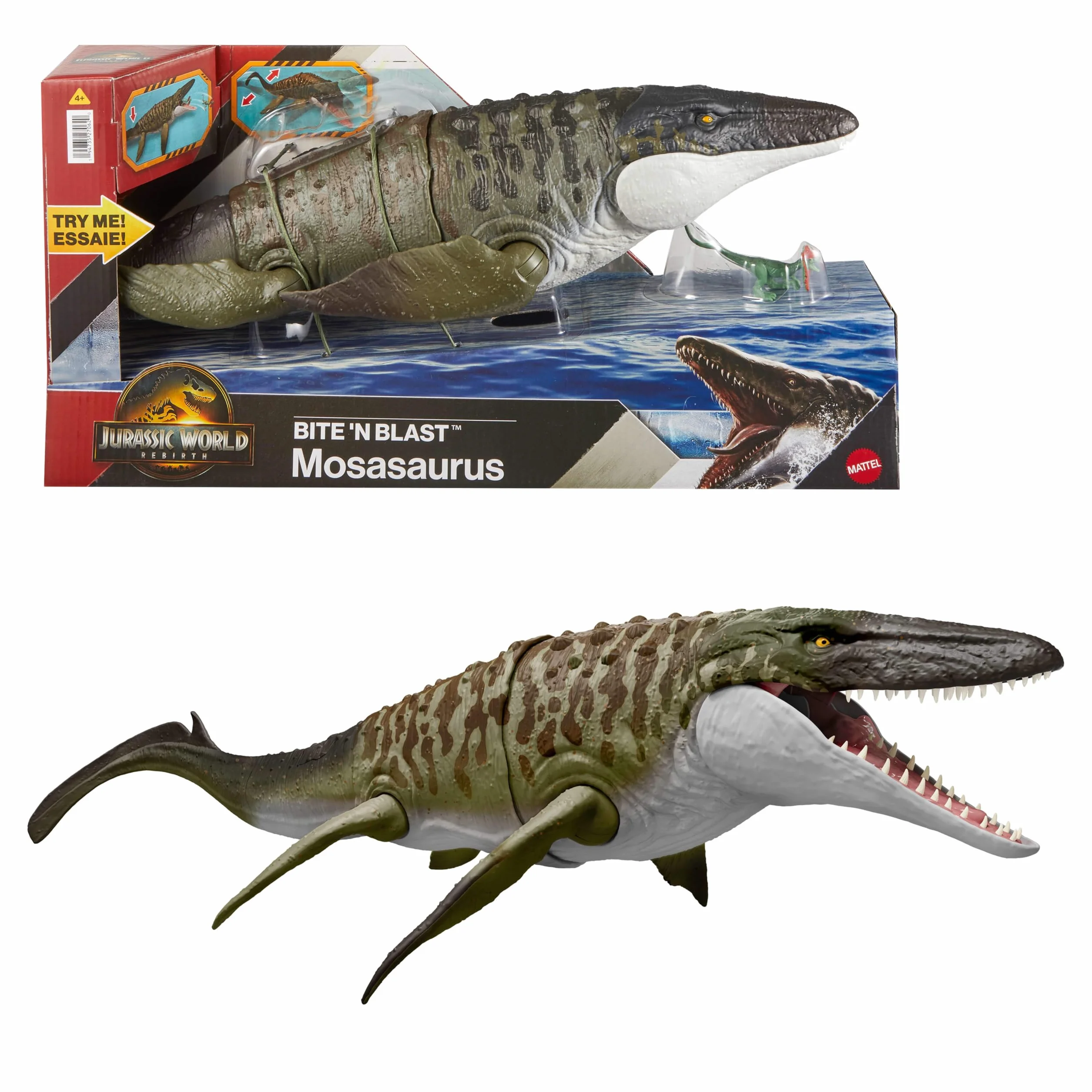 Mattel Jurassic World Figurine articulée Mosasaurus avec fonction mordre et recracher et mini-Dilophosaurus JJP80