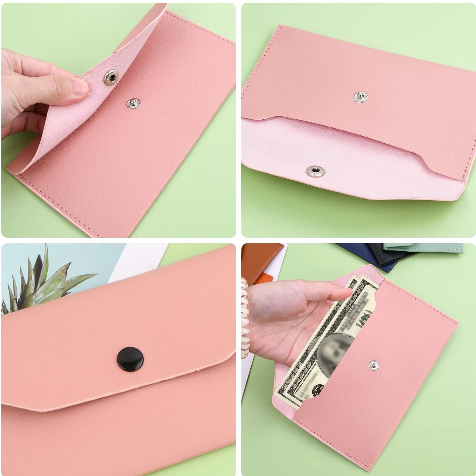 Portefeuille Enveloppe Cuir Synthétique 6 Pièces, Pochette Billet Imperméable Réutilisable 18x9,5cm