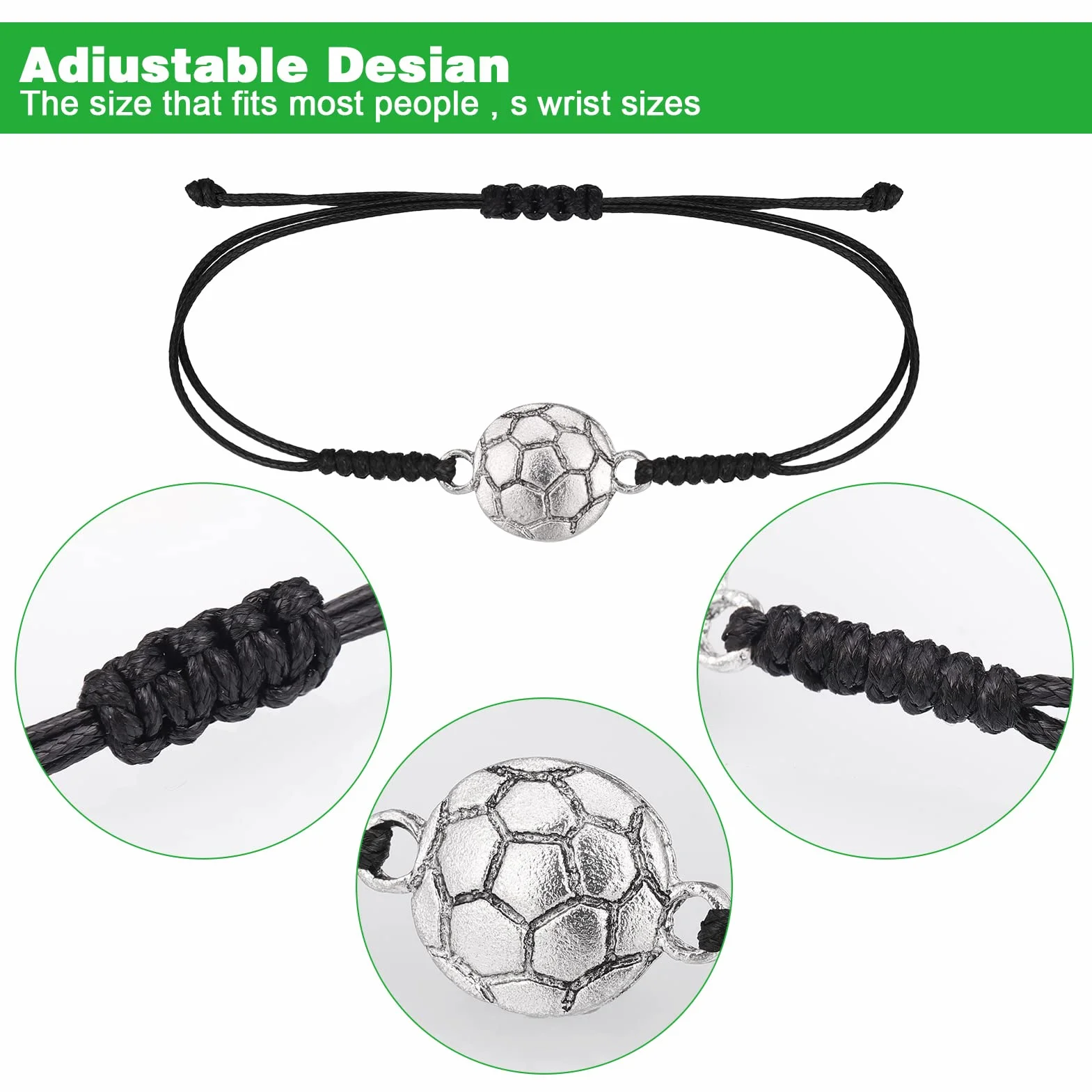 Zocipro 15Pcs Bracelet de Football à Cordon Tressé Réglable avec Breloque en Métal