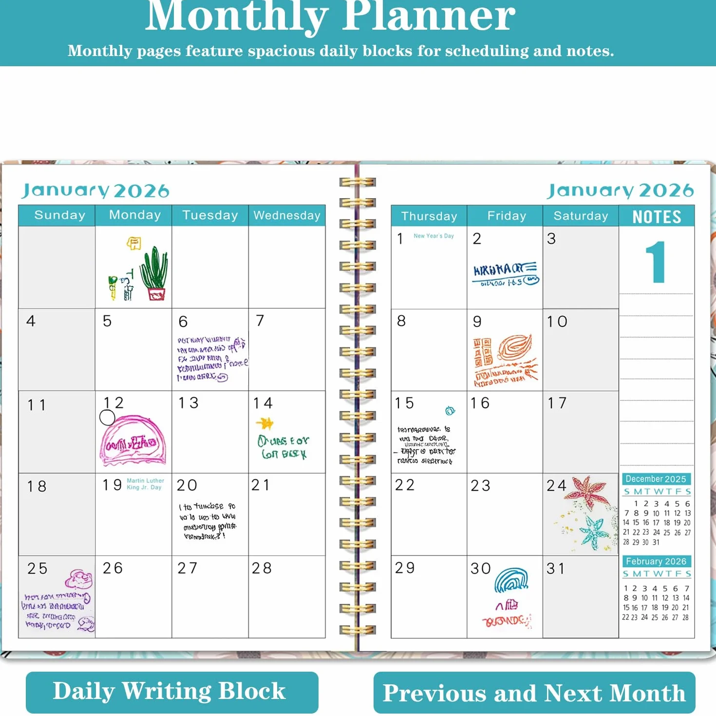 Agenda 2026 Semainier Mensuel Relié 15,8x21,7 cm Design Floral Organisateur avec Onglets Notes Autocollants Planificateur Productivité Bureau Études Maison