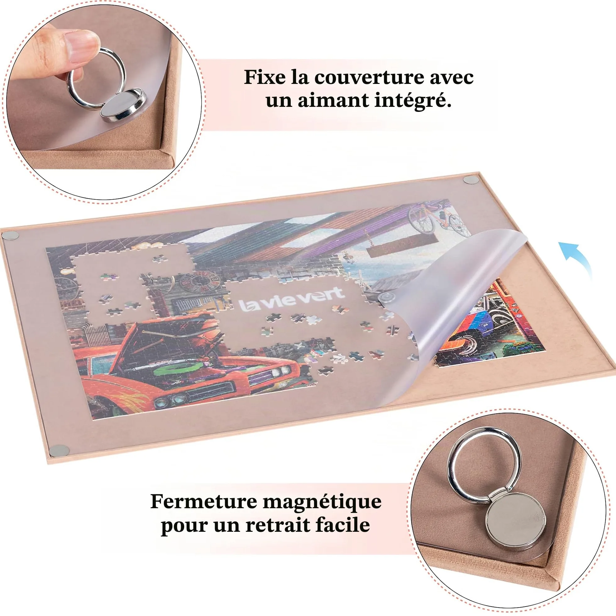 LAVIEVERT Planche de puzzle en bois avec housse anti-poussière – Tapis portable pour rangement de puzzle – Surface antidérapante – Capacité jusqu'à 1500 pièces – Kaki