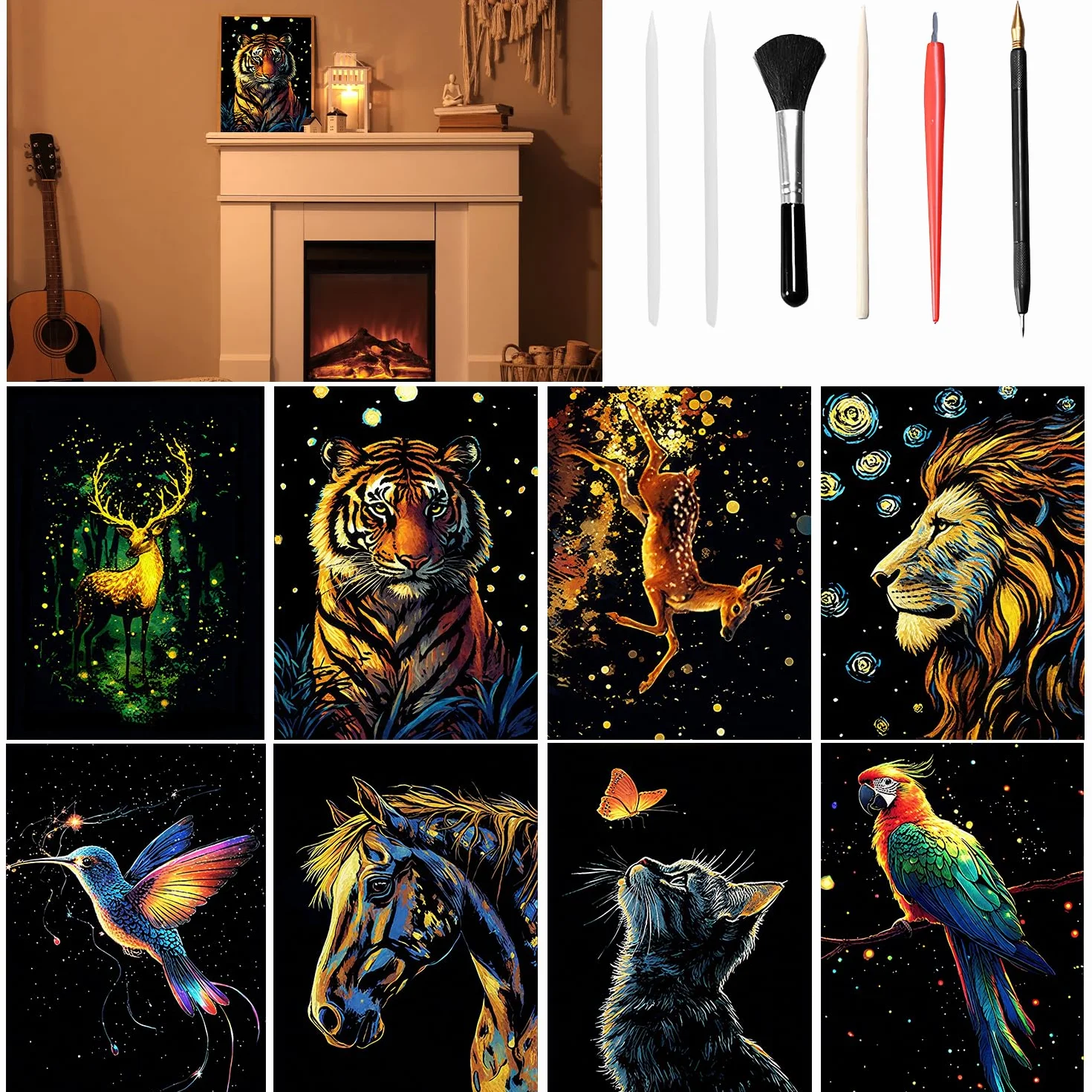 Kit Art à Gratter Arc-en-Ciel Lumineux 8 Pièces avec Outils de Grattage pour Adultes et Enfants (Animaux)
