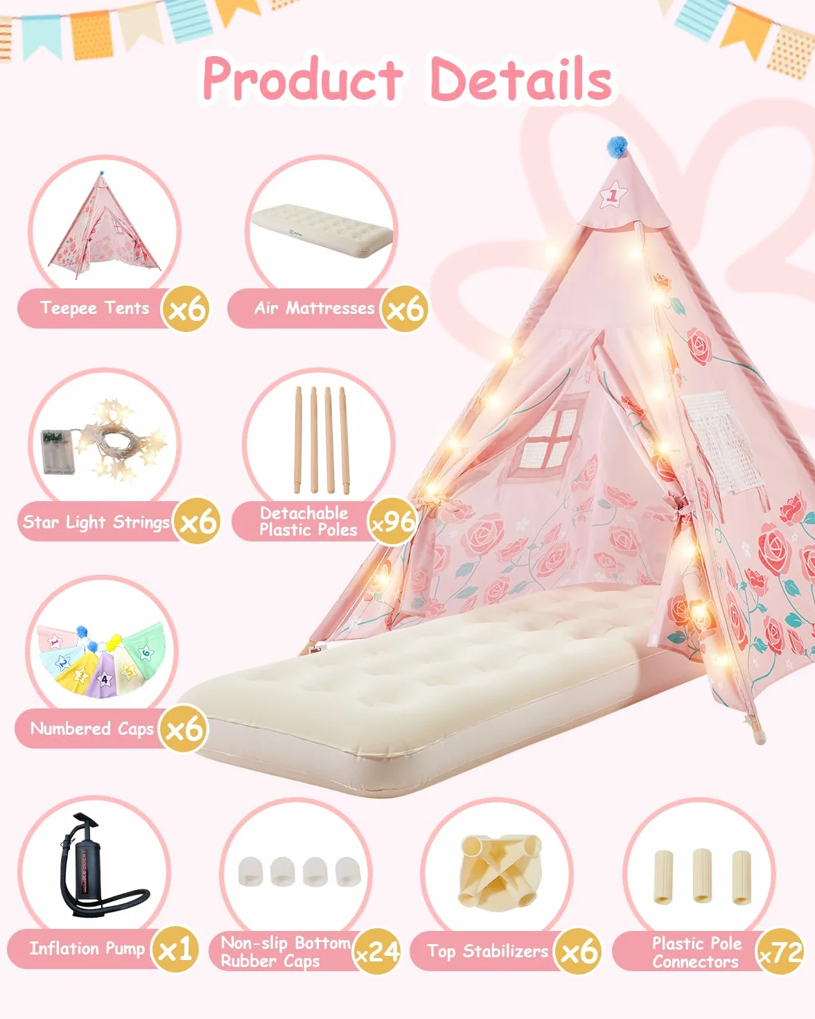 Lot de 6 Tentes Tipi pour Enfants avec Matelas Gonflables – Kit Complet Soirée Pyjama Cabane de Jeu