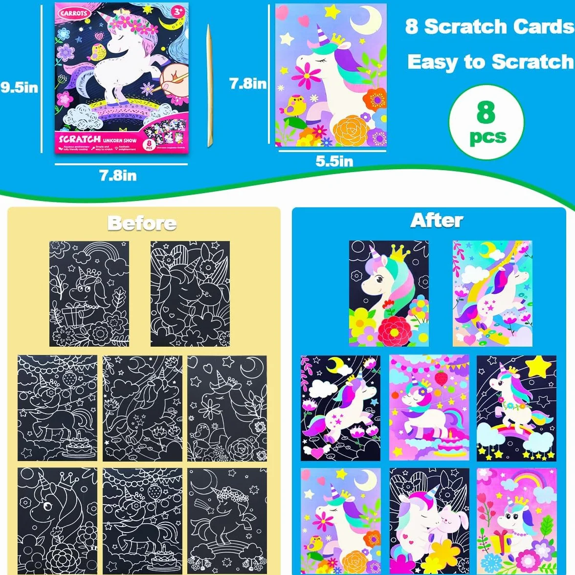 Kit de Scratch Art Licorne pour Enfants - Cartes à Gratter Papier
