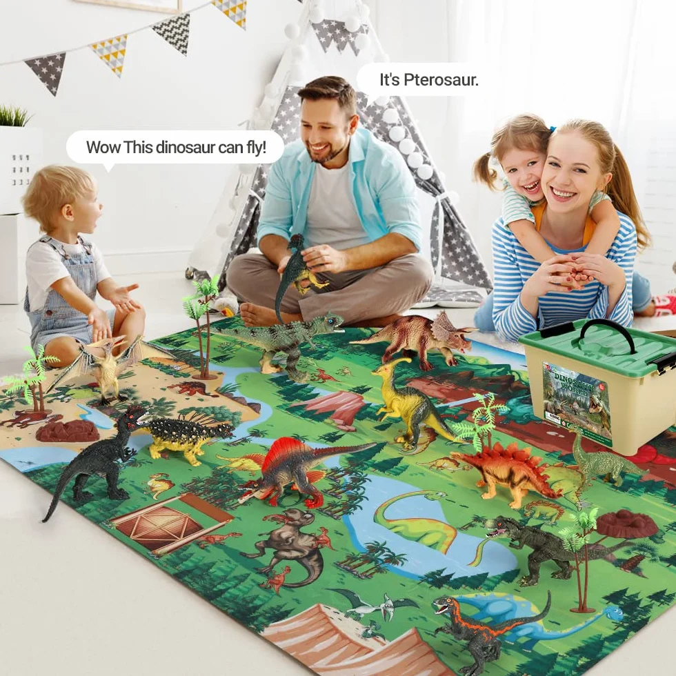 FRUSE Dinosaure Jurassic Jouet 145x98cm Tapis 12 Pièces Figurine Réalistes T-Rex Carnotaurus Boîte Rangement Jouets éducatifs Cadeau Enfants 3-6 Ans