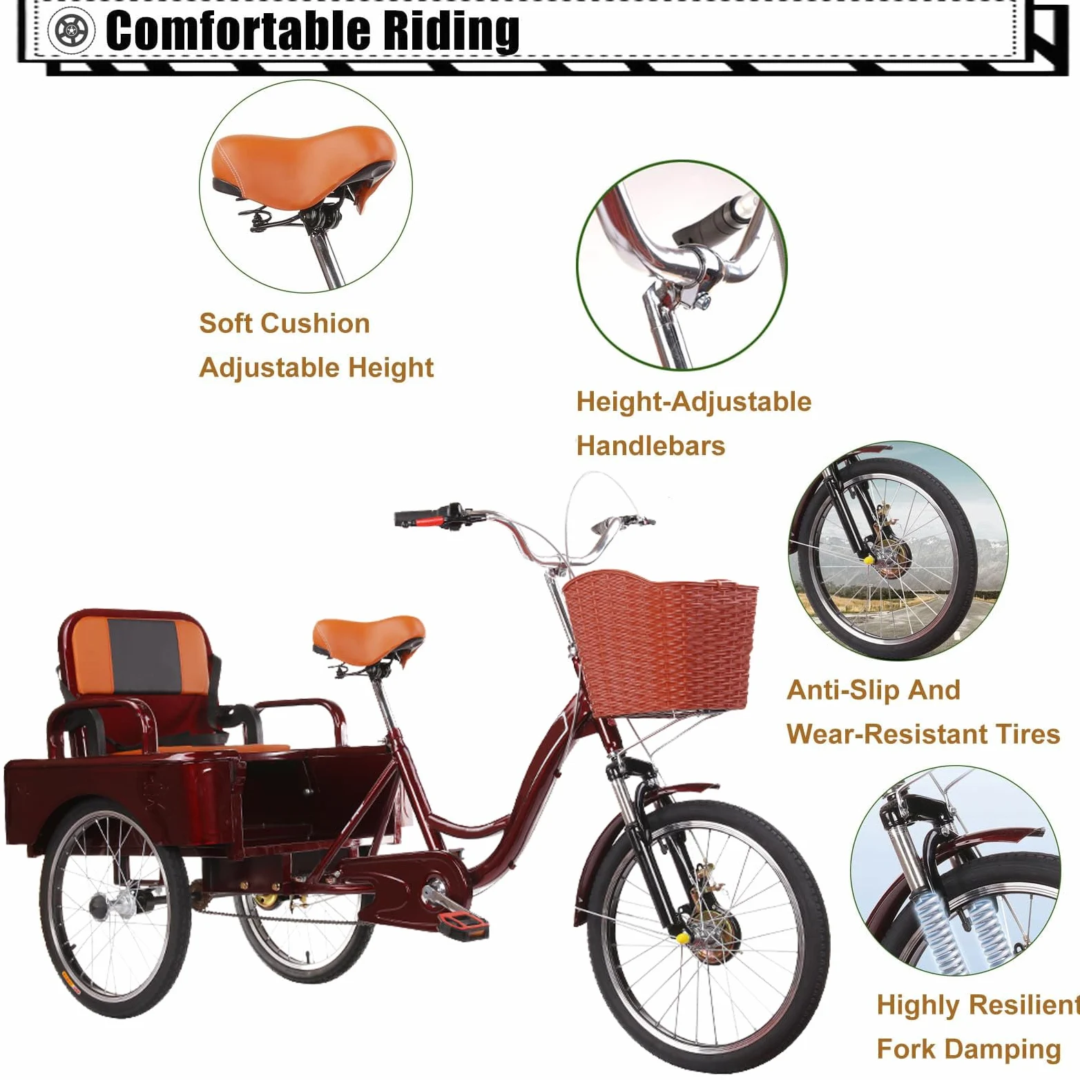Tricycle Adulte 3 Roues 20 Pouces - Siège Passager Pliable, vélo Cruiser Confortable pour passagers et Chargement, idéal pour Le Shopping/Pique-Nique, Charge maximale 200 kg/440 lbs