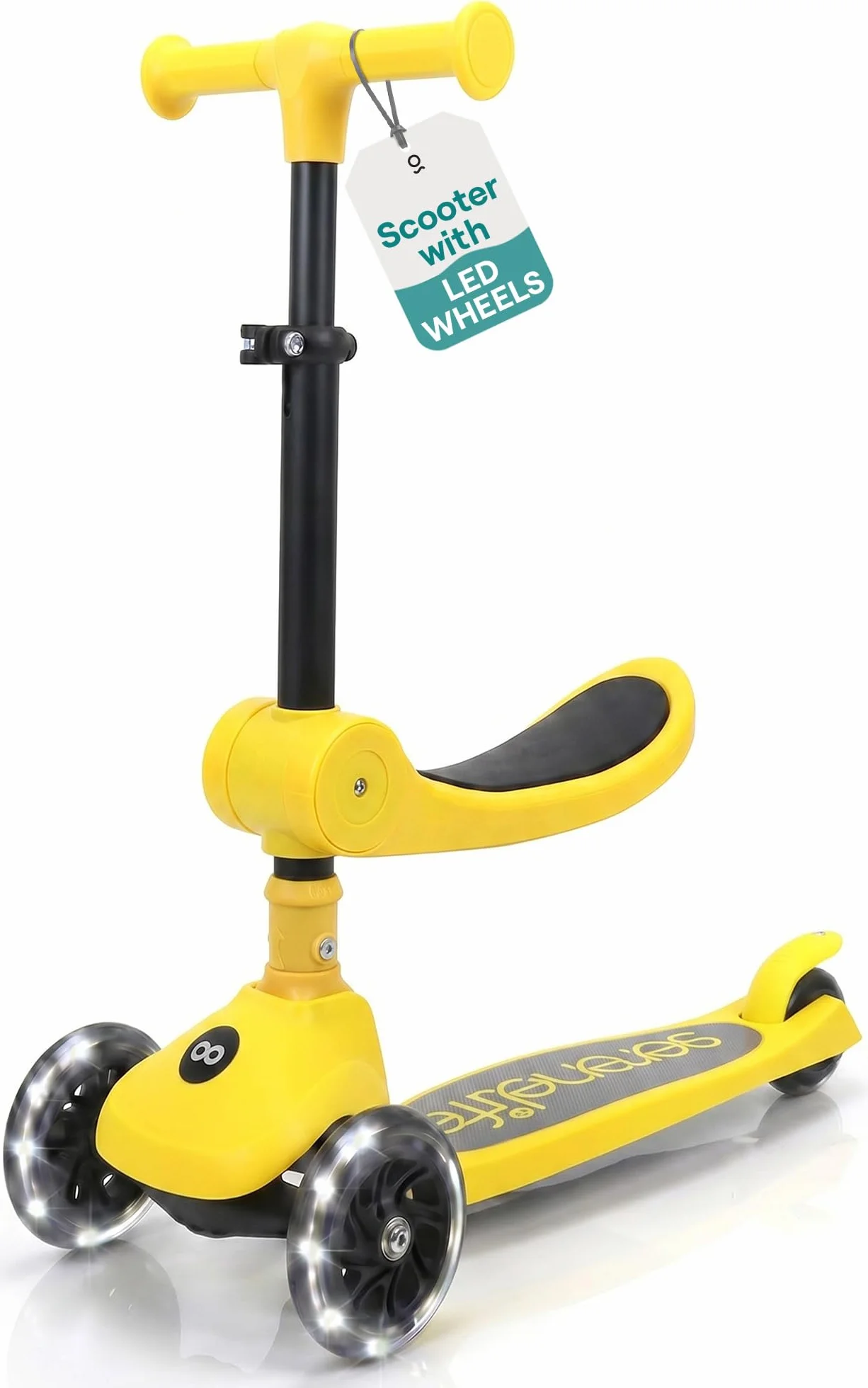SereneLife Trottinette Enfant 2 en 1 avec Siège – 3 Roues Pliable, Hauteur Réglable, Roues LED