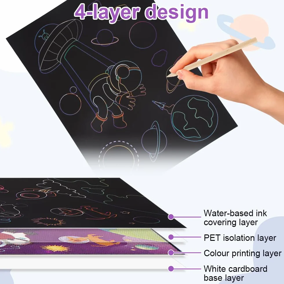 Scratch Art Kit Lot de 3 Carte a Gratter avec Stylets en Bois pour Enfants Adulte 18.5x13.5cm