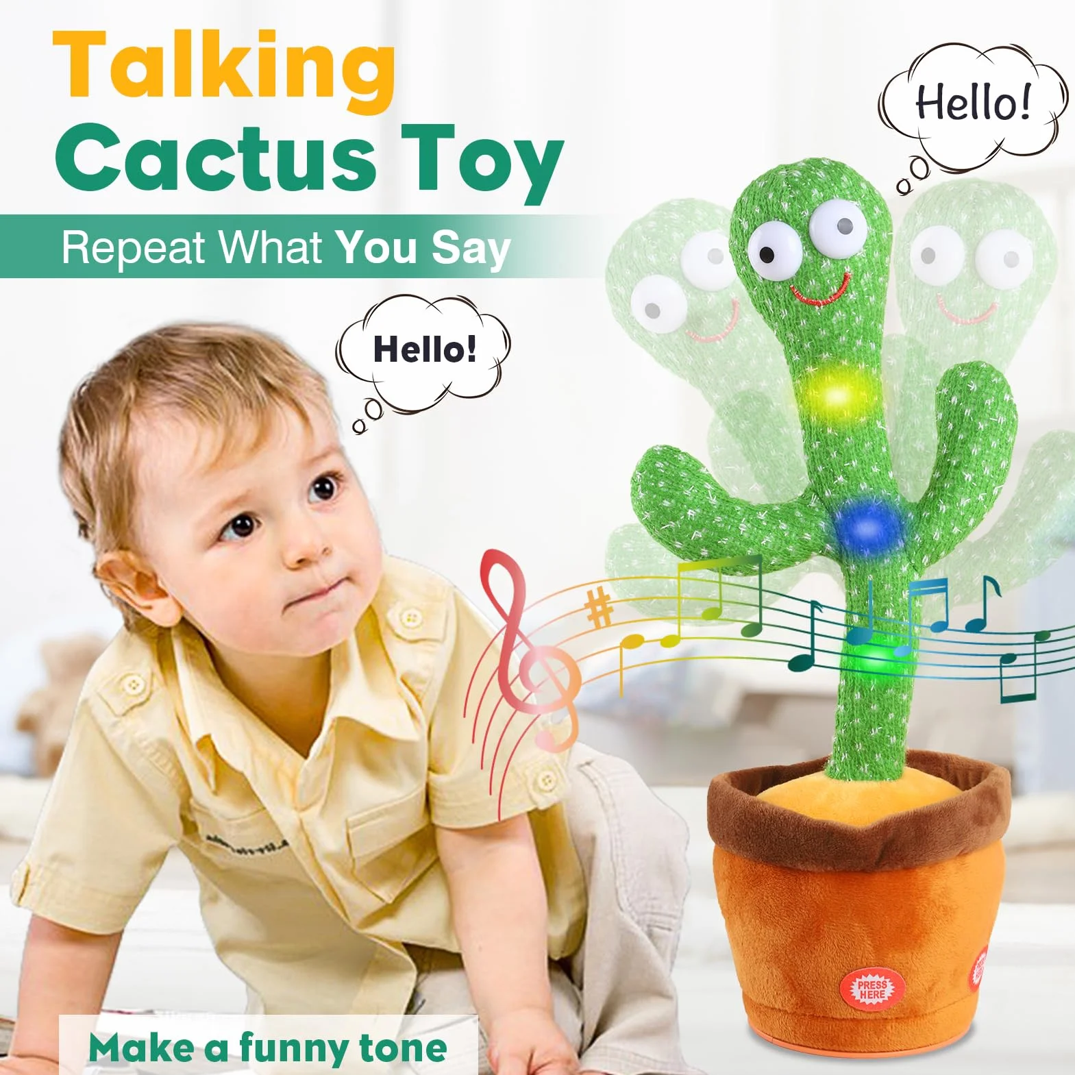 Cactus Dansant Parlant Chante Répète Jouet Bébé Peluche Interactive avec 120 Chansons pour 6 Mois+ Enfants