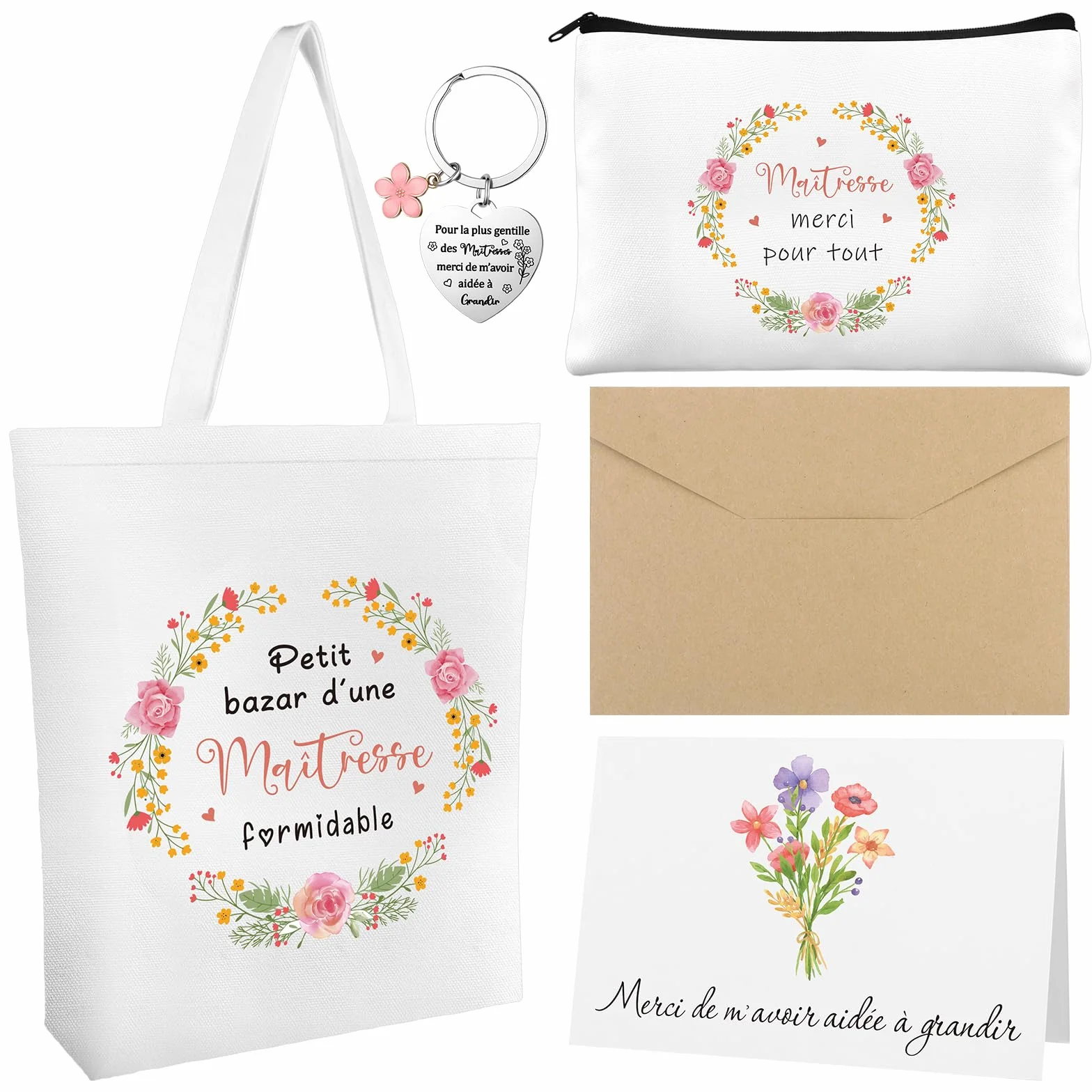 Sac en Coton Trousse de Toilette Porte-clés Carte de Vœux Set 4 Pièces Cadeau pour Maitresse Institutrice ATSEM AESH Fin d'Année