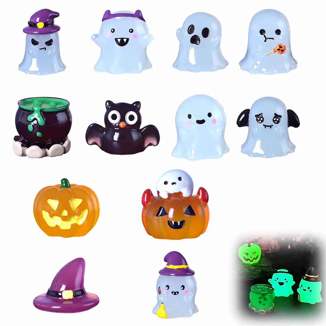 Lot de 12 Miniatures lumineuses d'Halloween, figurines en résine Citrouilles et crânes qui brillent dans l'obscurité