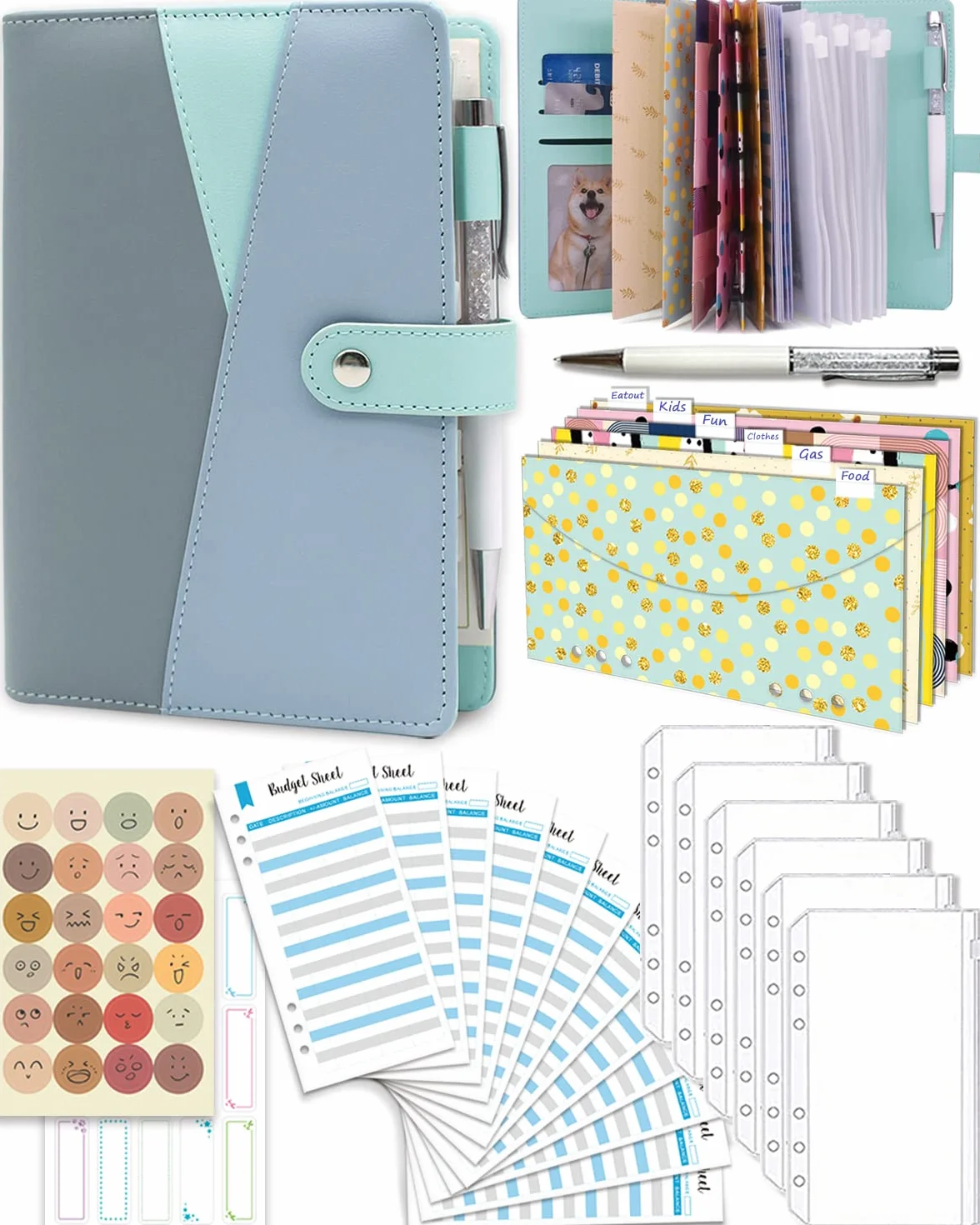 Ginmlyda Enveloppe Budget Planner Francais Cash 6 Pochettes PVC 6 Enveloppes Classeur 12 Tableaux 2 Autocollants Stylos Bleu