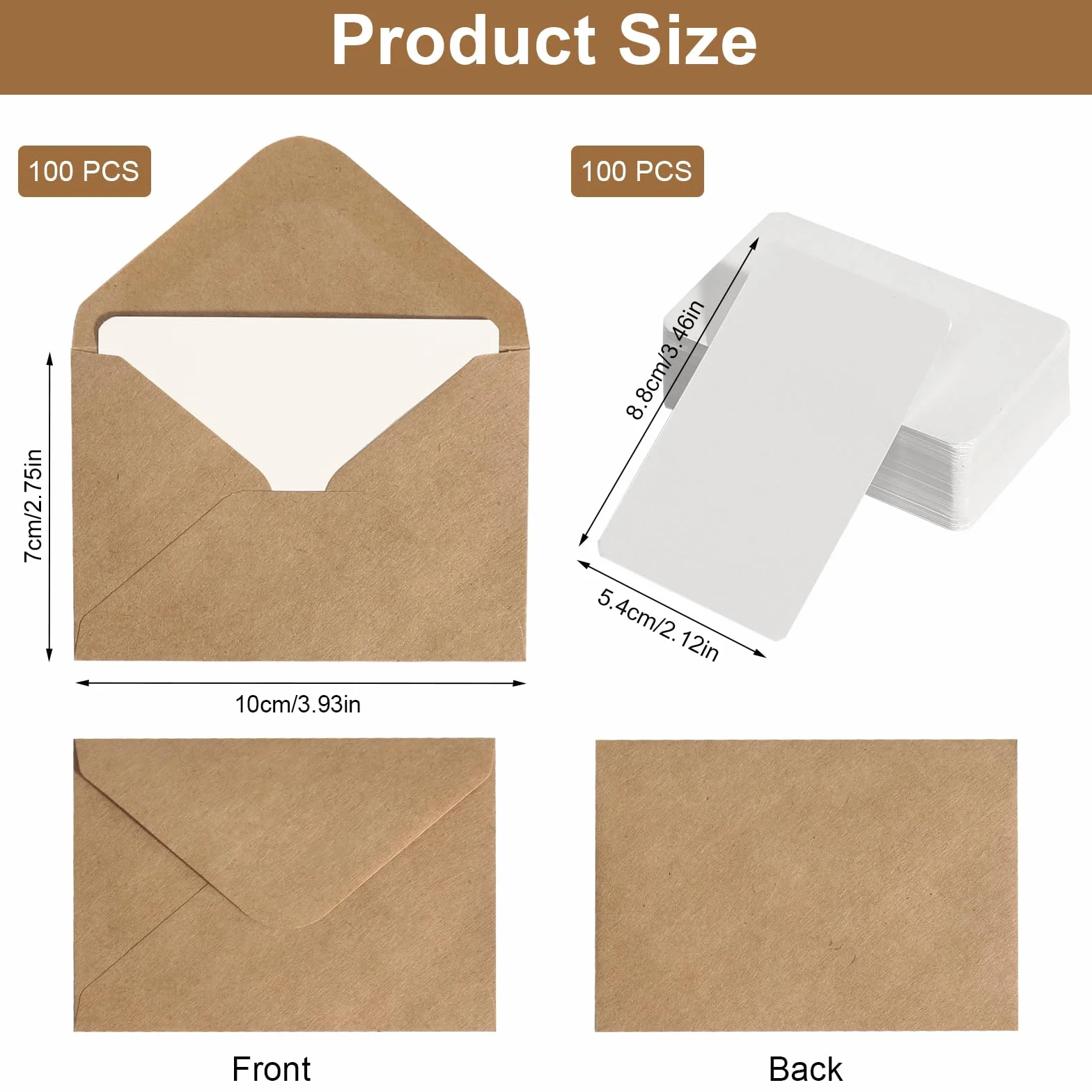 Enveloppes en Papier Kraft Vintage 100 Pièces Mini Enveloppes 100 Cartes Vierges pour Lettres Cartes de Vœux