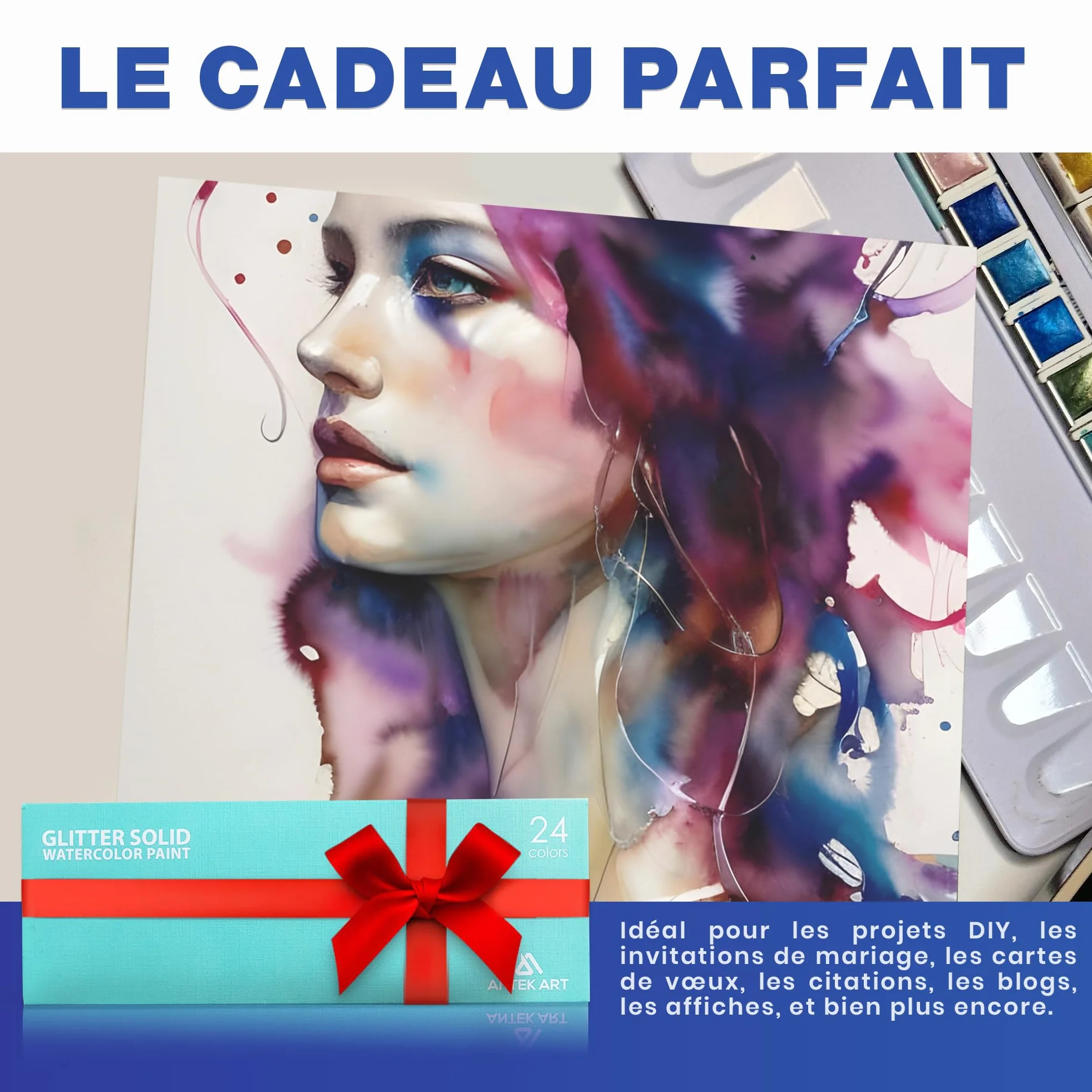 Set de Peinture Aquarelle Métallique, 24 Couleurs dans Mallette Portable avec Palette