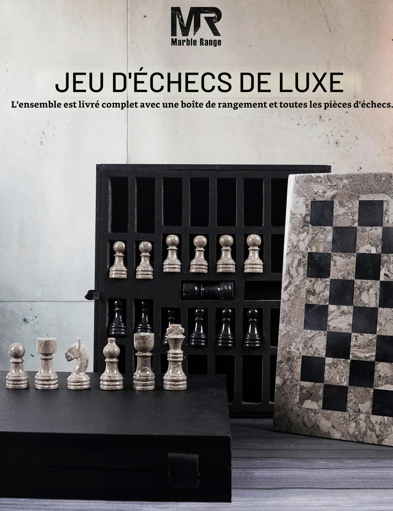 MARBLE RANGE Jeu d'échecs en marbre oceánico y Negro Fait Main de 30 cm avec boîte, pièces et 2 Dames. Élégant Jeu de Voyage pour Adultes, idéal comme Cadeau ou décoration d'intérieur