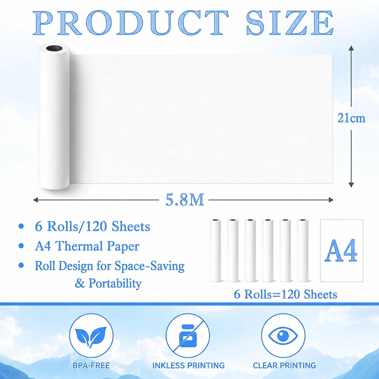 Papier Thermique A4 6 Rouleaux, Sans BPA, Séchage Rapide, 21cm x 6.2m, 21 Feuilles/Rouleau pour Impression