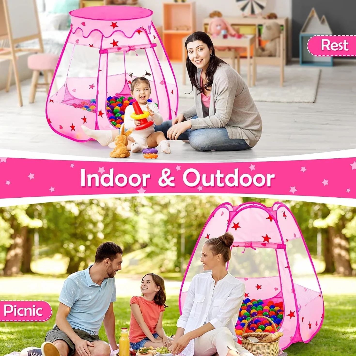 KAHEIGN Tente de Princesse Pop-Up 115CM x 90CM Pliable Piscine à Balles Rose avec Sac de Transport