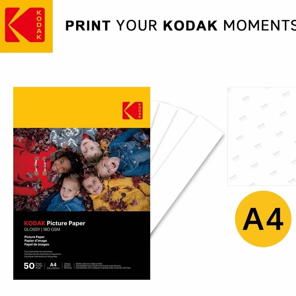 KODAK Picture Paper Papier Photo Brillant A4 180g/m² 50 Feuilles Jet d'Encre