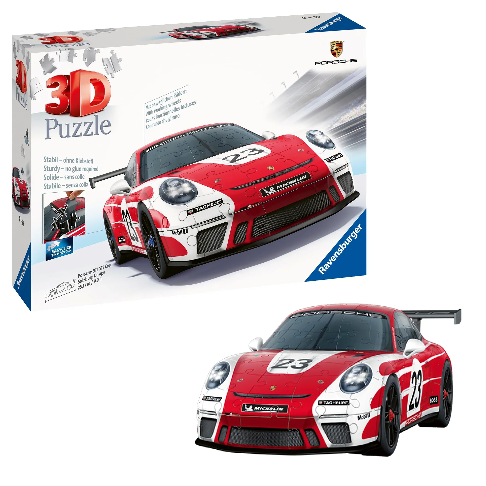 Ravensburger Puzzle 3D véhicules – Porsche 911 GT3 Cup Salzburg avec Grille de Construction – dès 10 Ans – 108 pièces numérotées à Assembler sans Colle – Accessoire de Finition Inclus – 11558