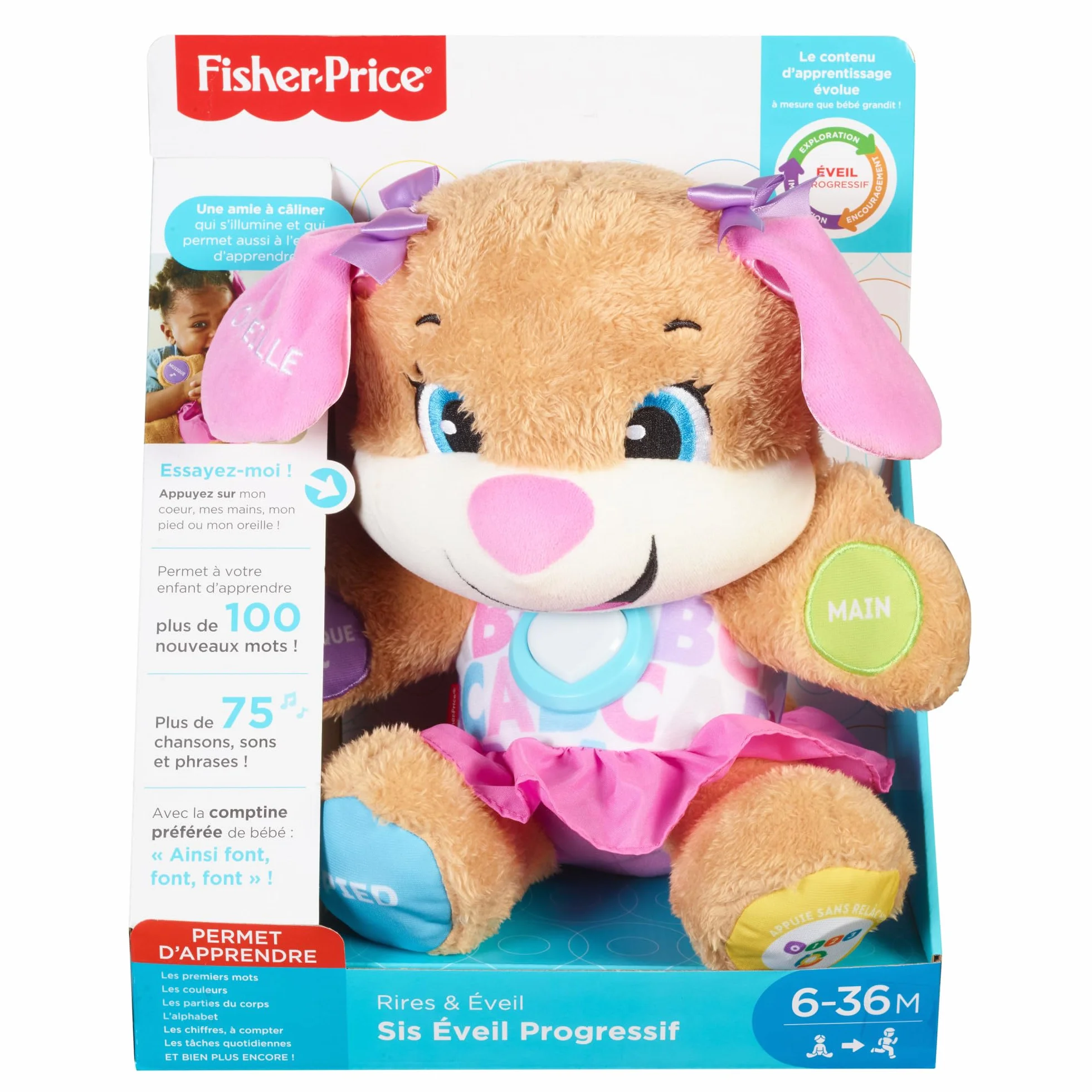 Fisher-Price Peluche Interactive Eveil Progressif Sœur de Puppy, 50+ Chansons, 3 Niveaux, Version Française, 6 Mois+, FPP52